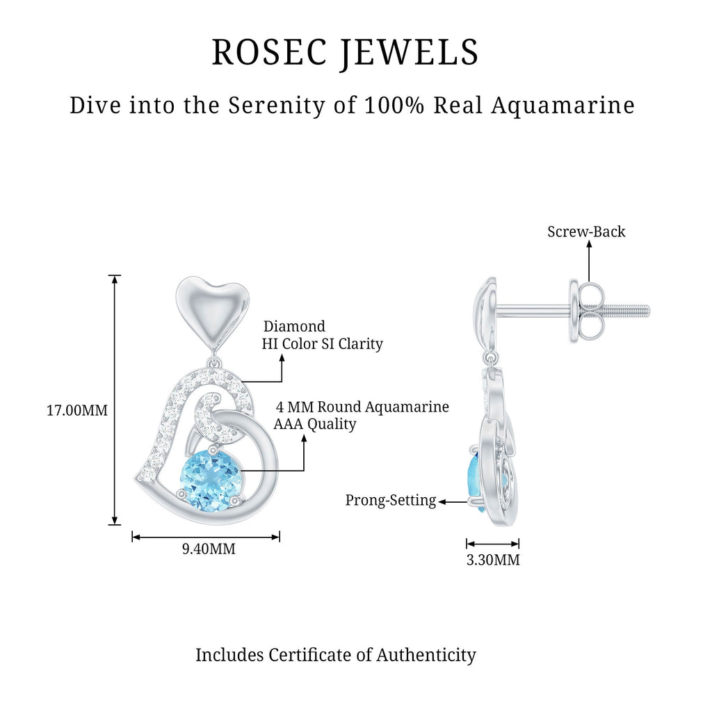 Natural Aquamarine Heart Drop Earrings with Diamond