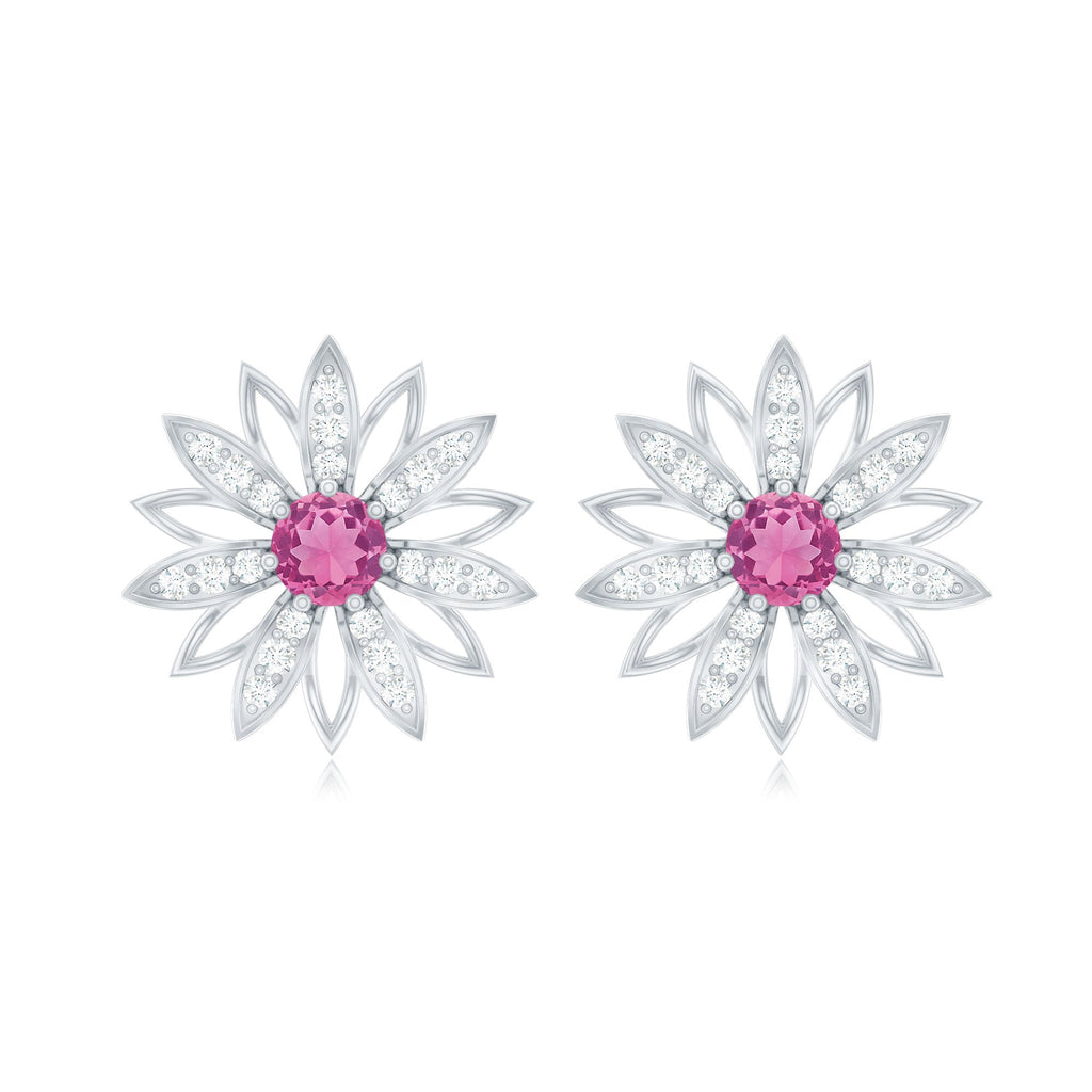 Round Pink Tourmaline Flower Stud Earrings with Diamond