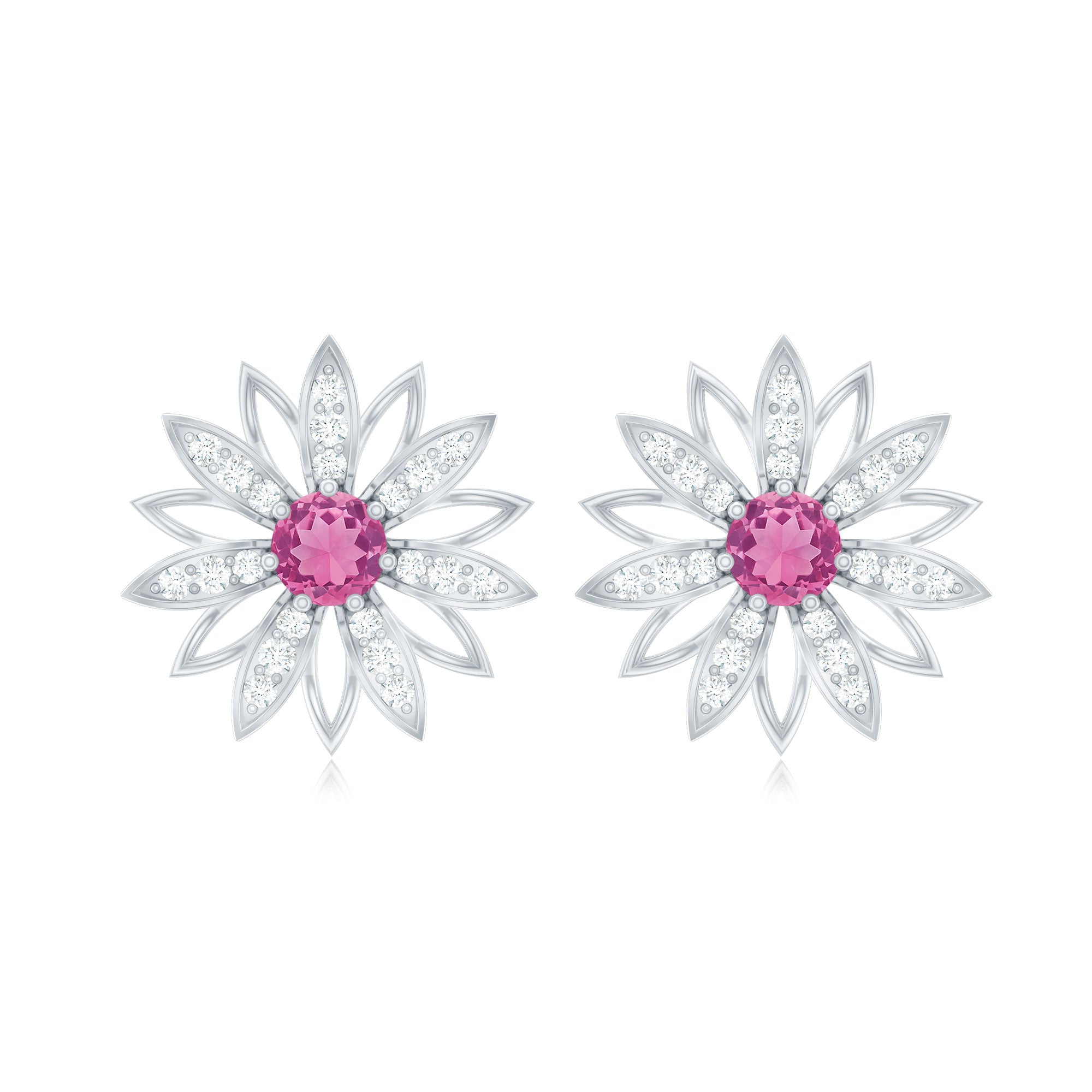 Round Pink Tourmaline Flower Stud Earrings with Diamond