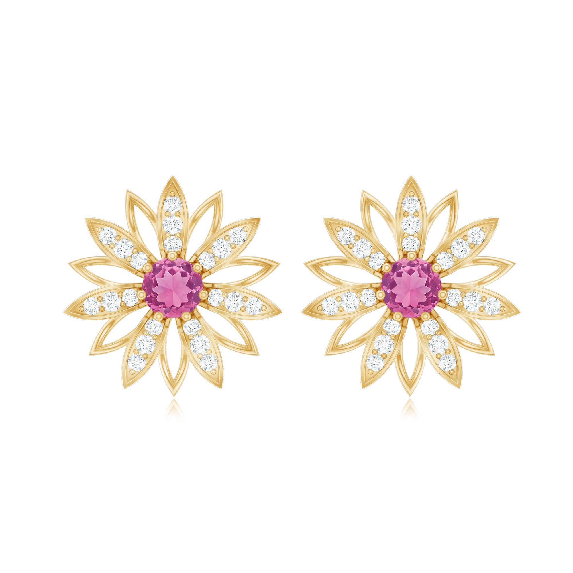 Round Pink Tourmaline Flower Stud Earrings with Diamond