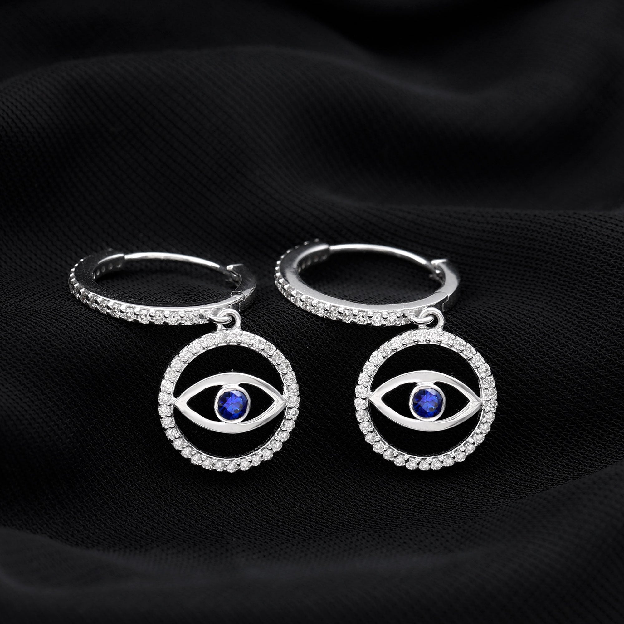 Real Blue Sapphire and Diamond Evil Eye Hoop Drop Earrings