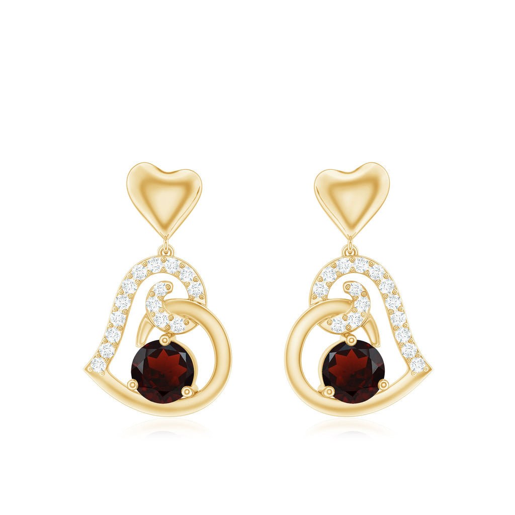 Garnet Heart Drop Earrings with Diamond Accent