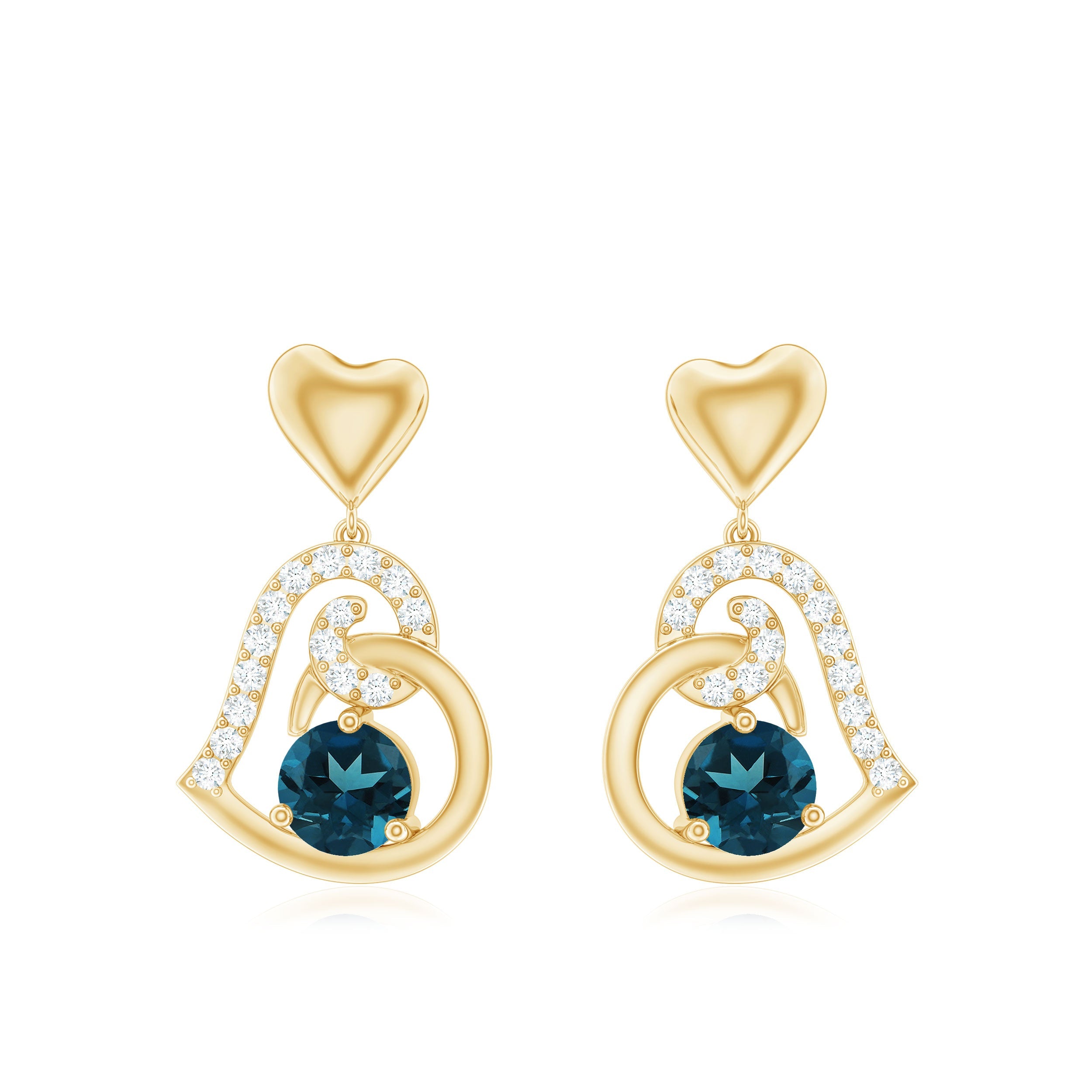 Round London Blue Topaz and Diamond Heart Drop Earring