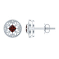 Vintage Inspired Garnet Stud Earrings with Diamond in Silver