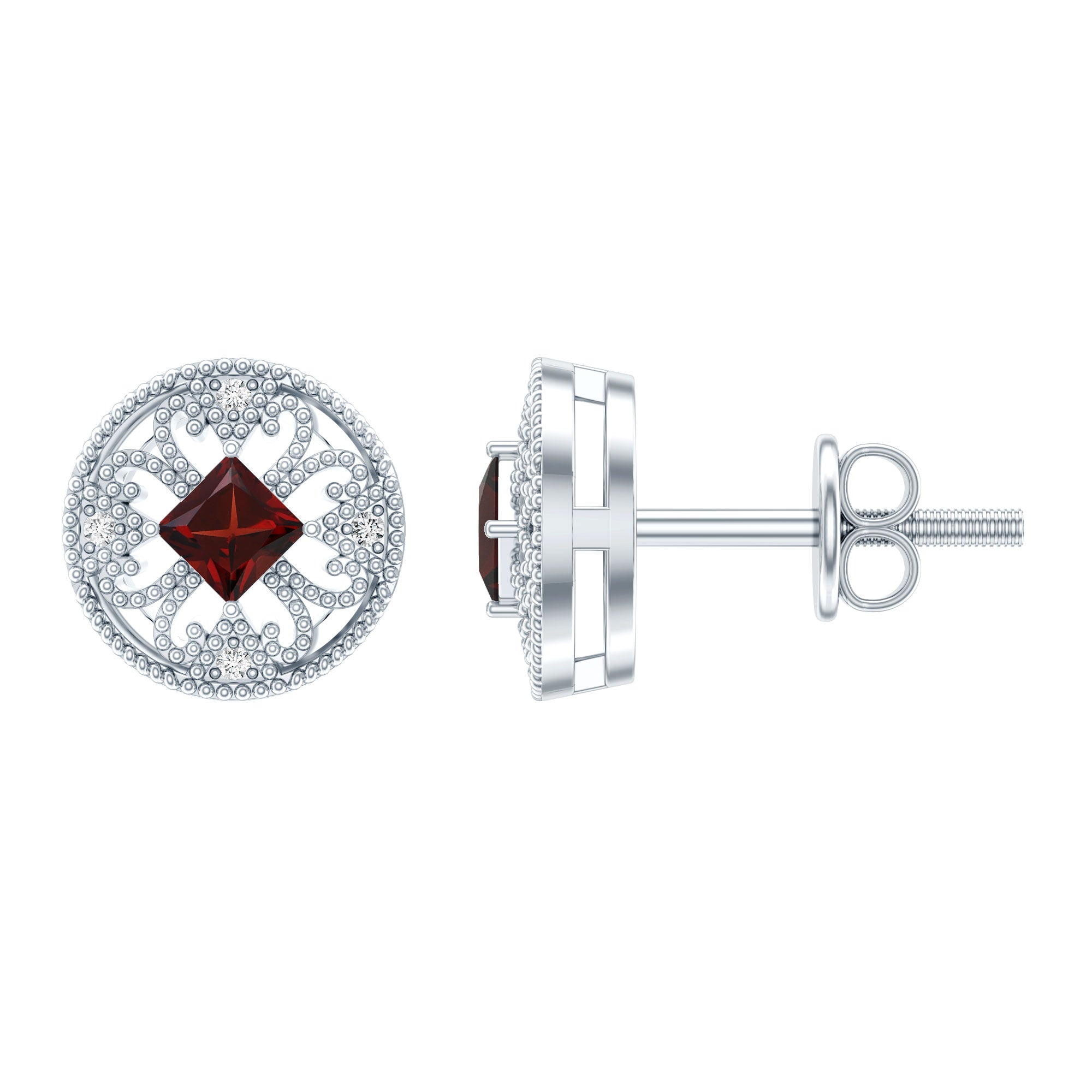 Vintage Inspired Garnet Stud Earrings with Diamond in Silver