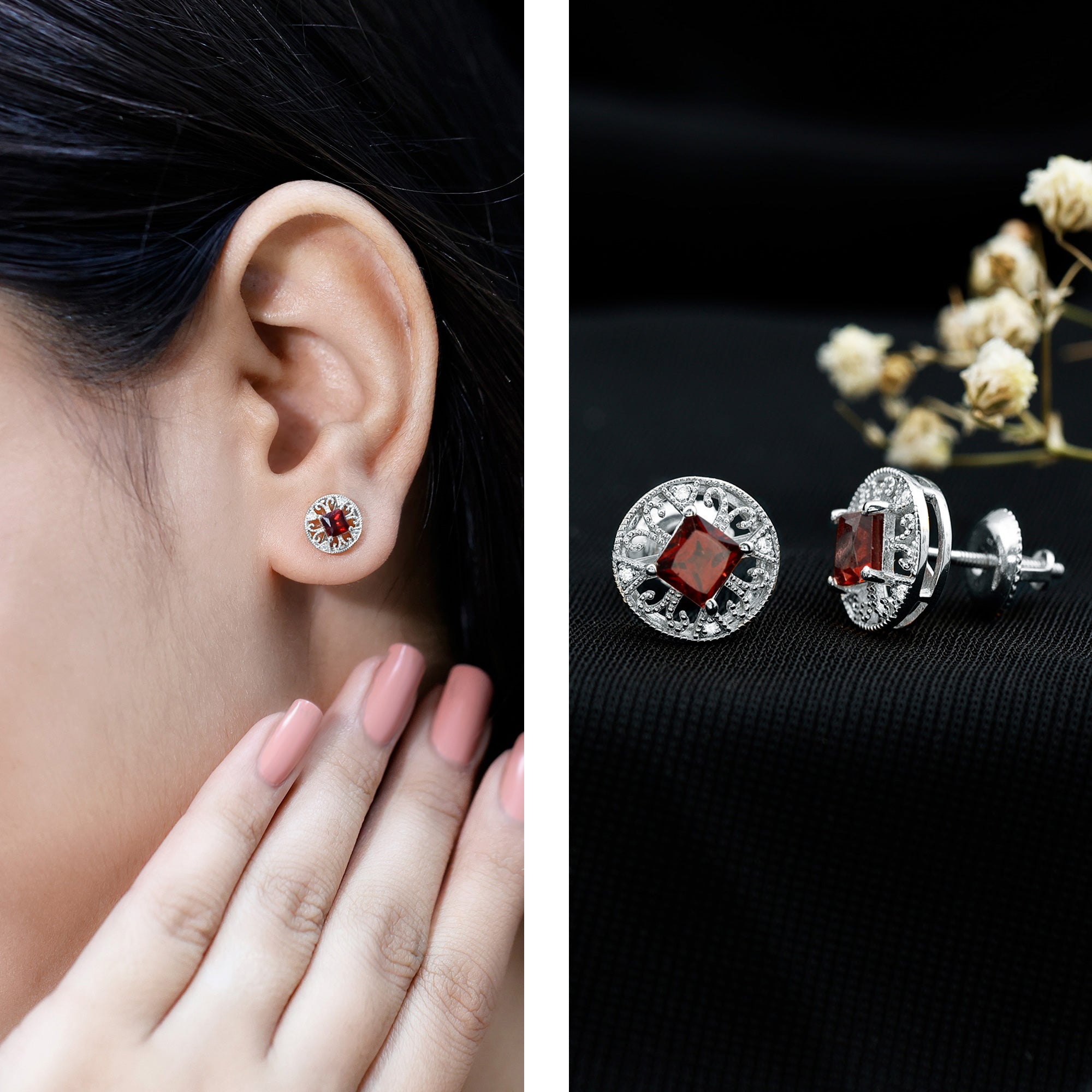 Vintage Inspired Garnet Stud Earrings with Diamond in Silver