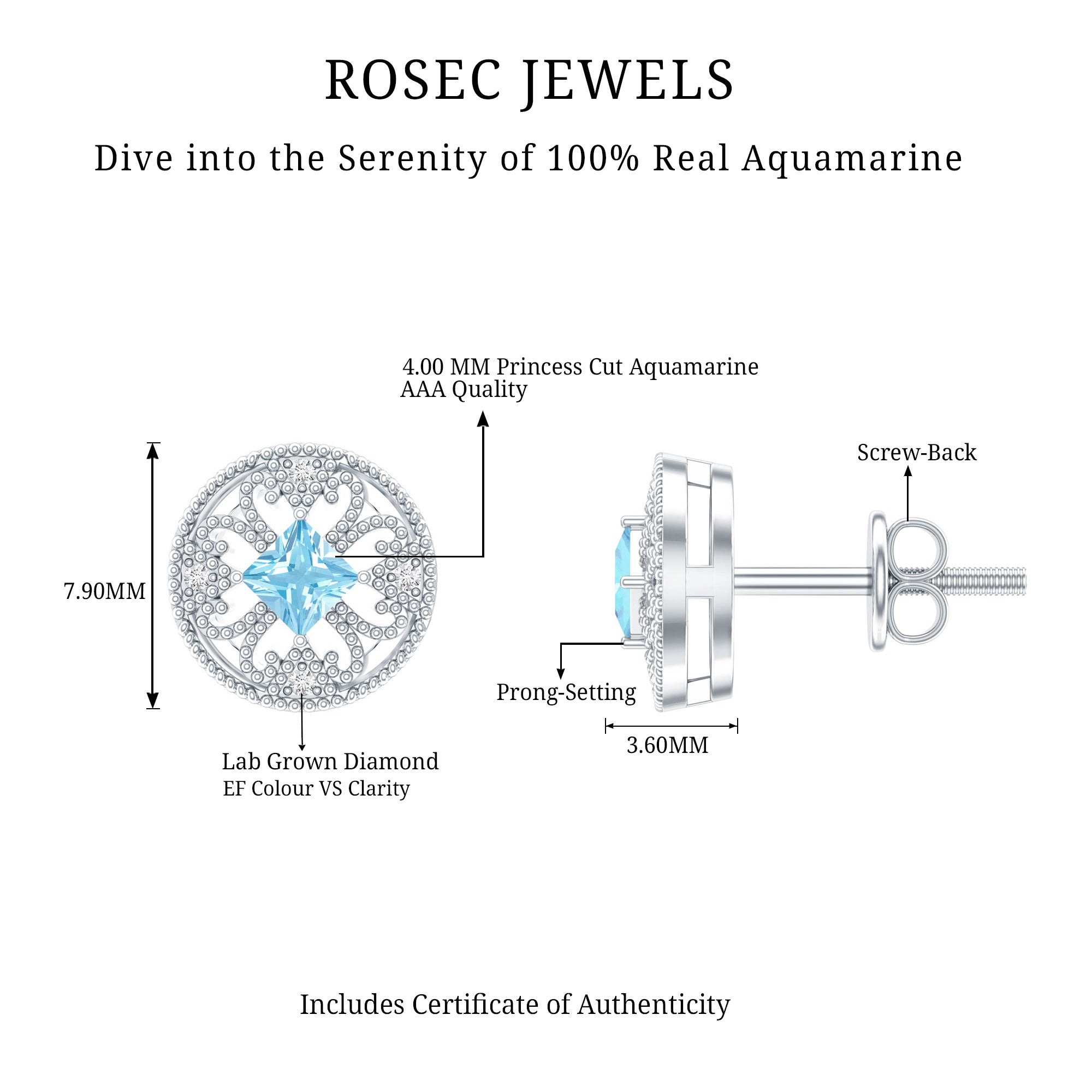 Natural Aquamarine Vintage Stud Earrings with Lab Diamond