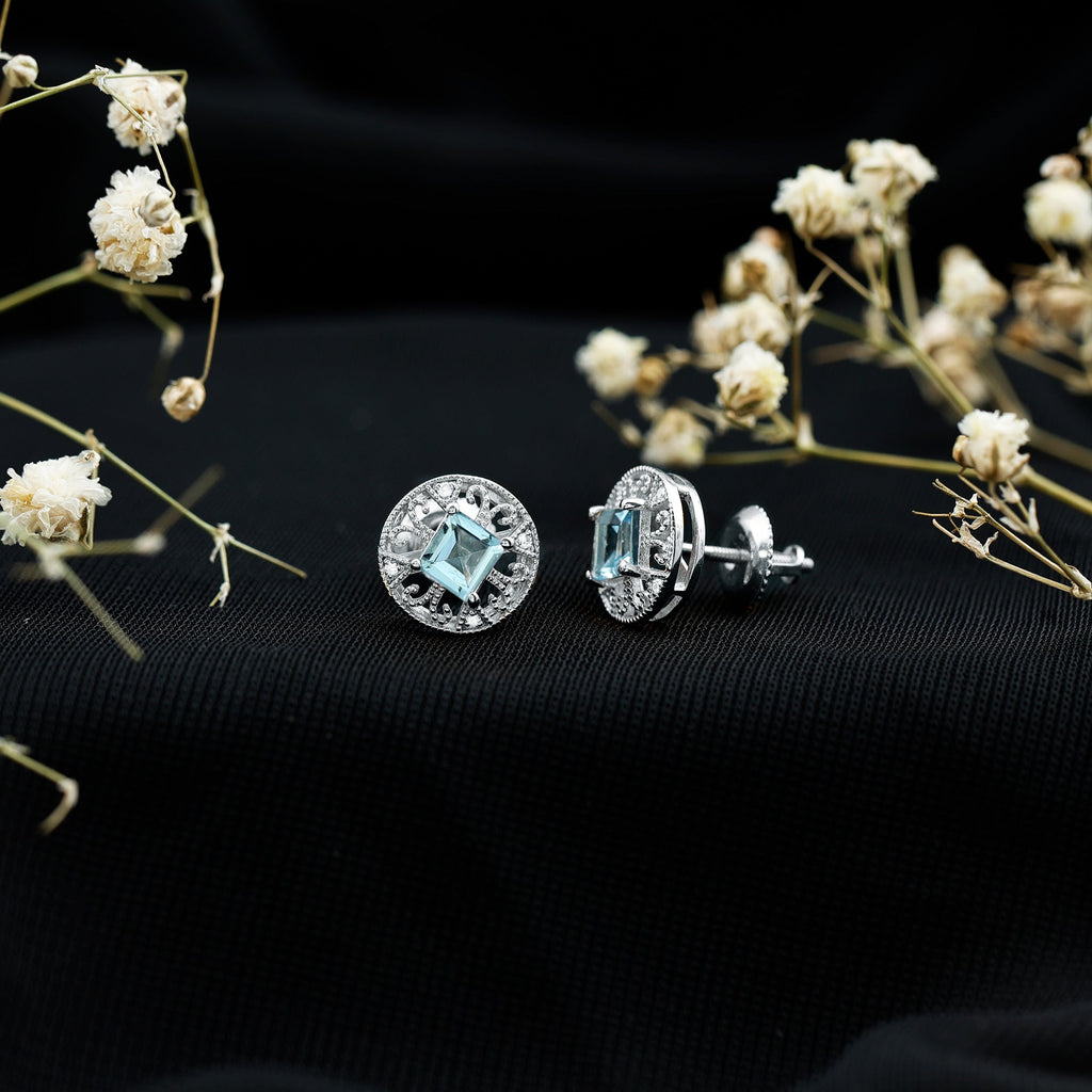 Natural Aquamarine Vintage Stud Earrings with Lab Diamond