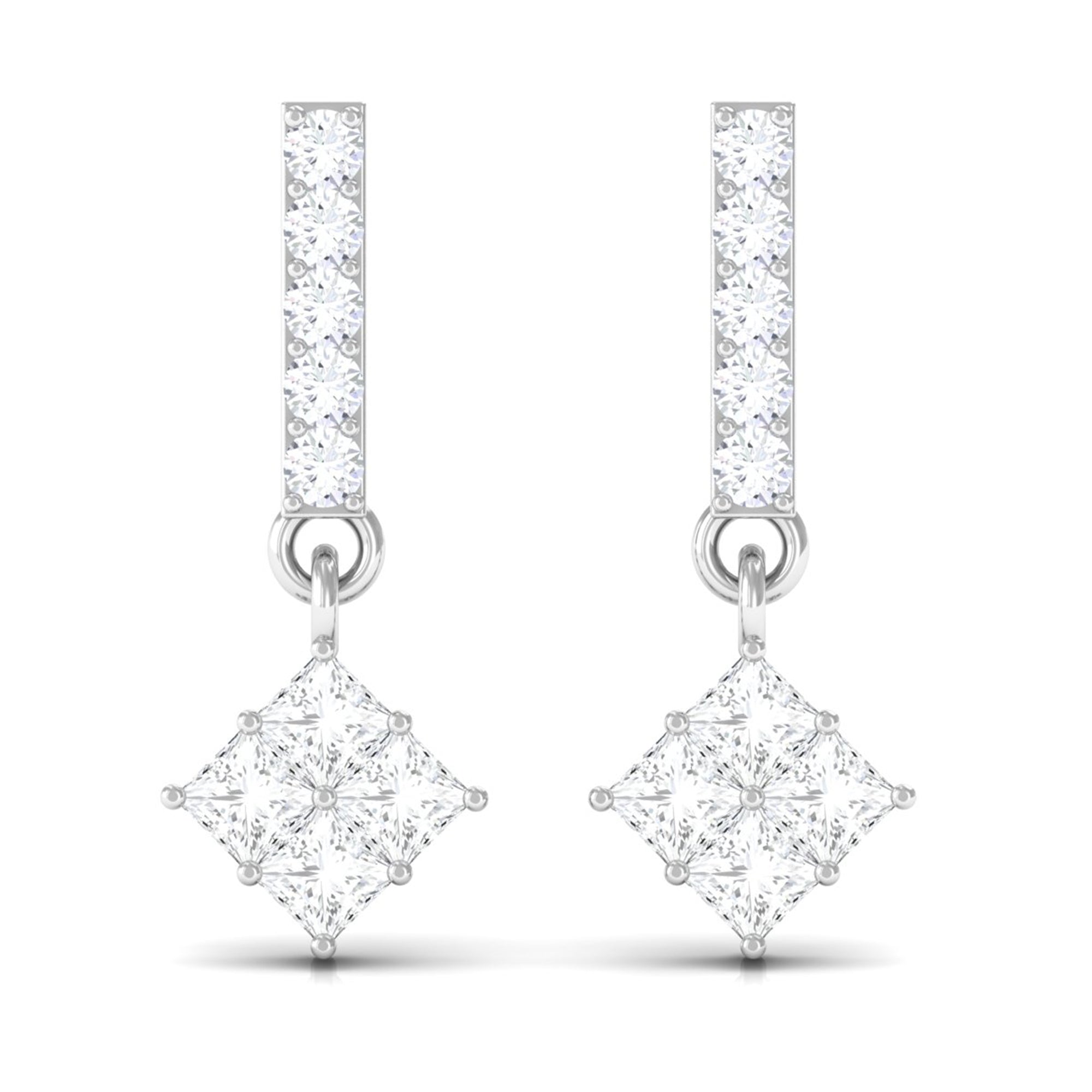 Princess and Round Cut Diamond Contemporary Dangle Earrings