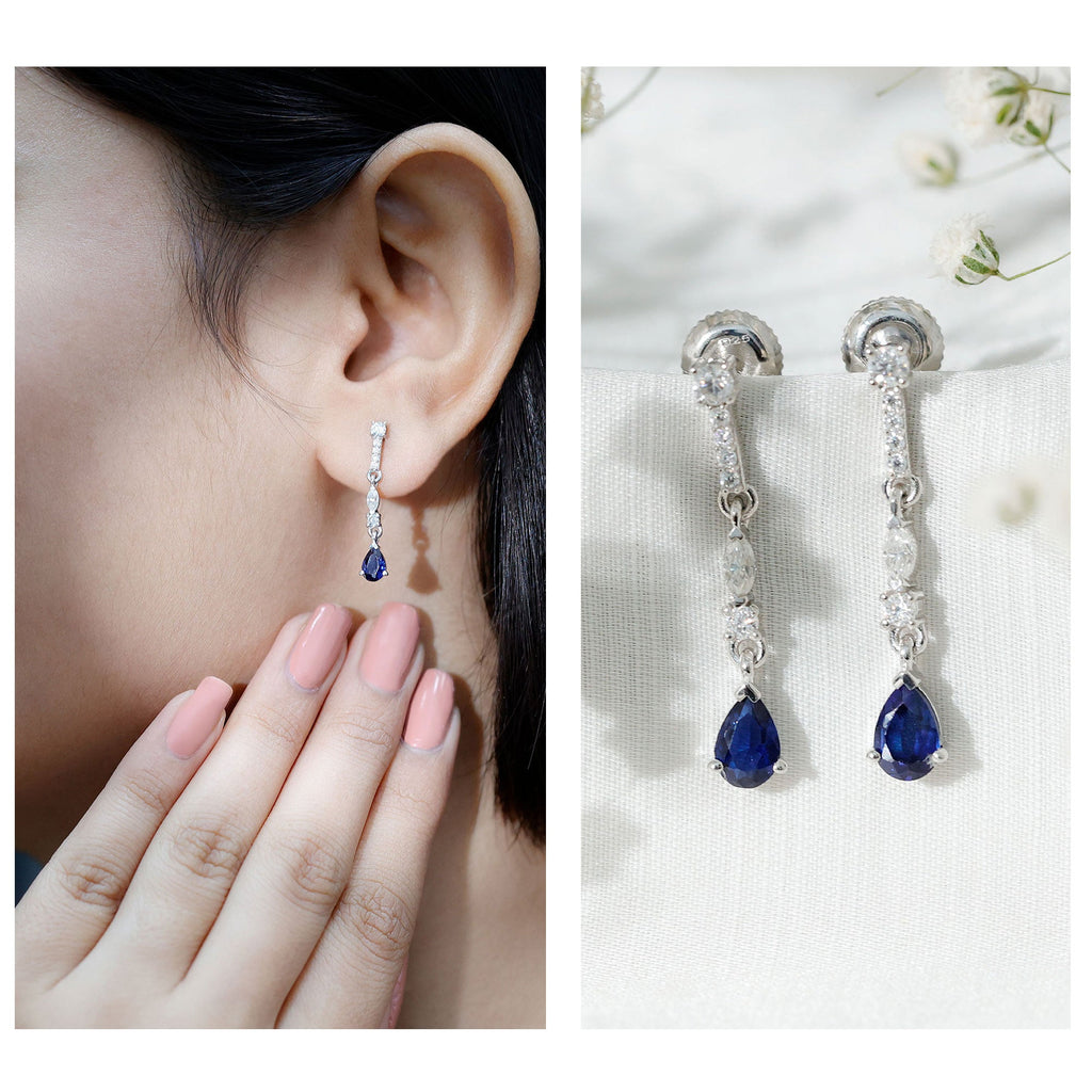 Womens Lab Grown Blue Sapphire Drop Dangle Earrings with Certificate