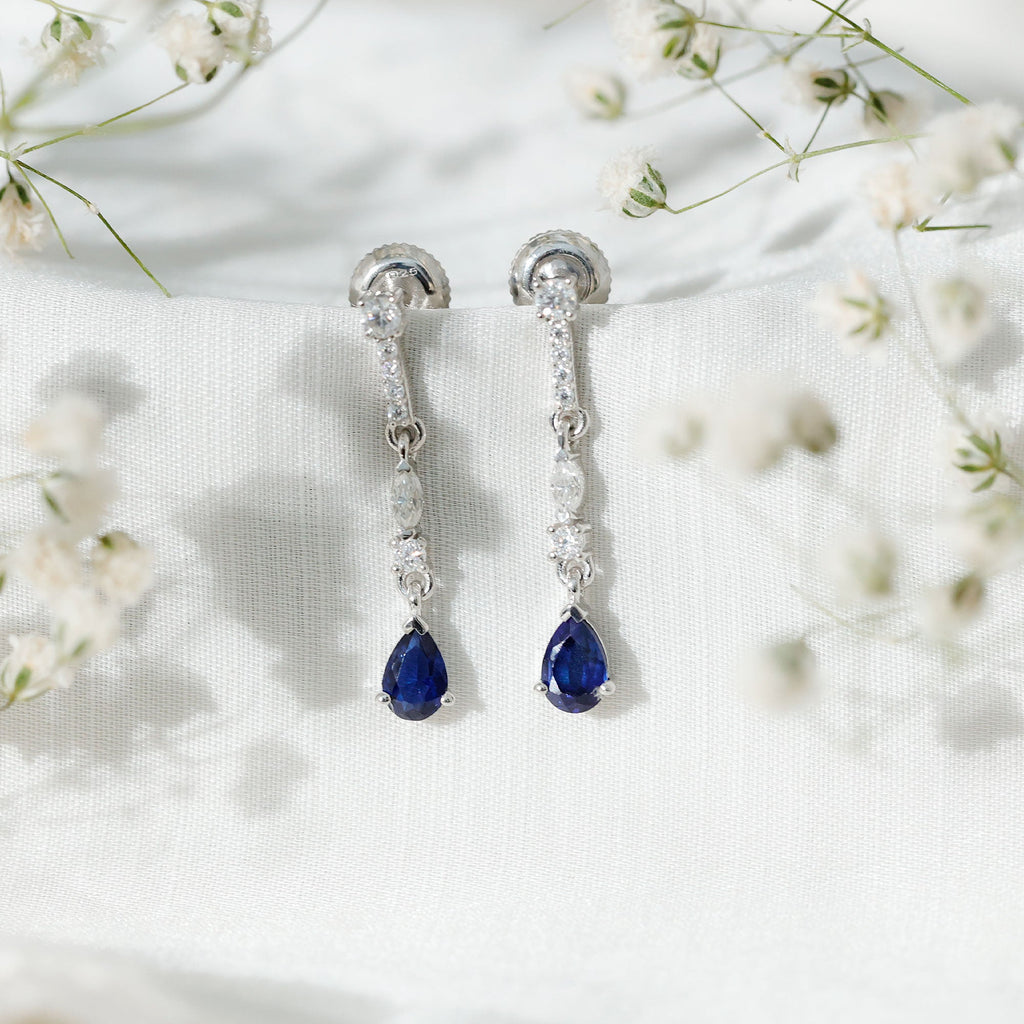 Womens Lab Grown Blue Sapphire Drop Dangle Earrings with Certificate