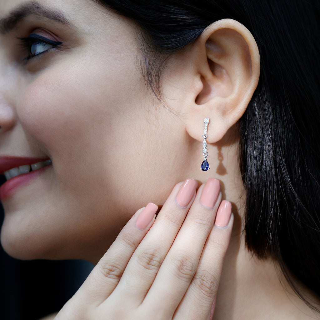 Womens Lab Grown Blue Sapphire Drop Dangle Earrings with Certificate