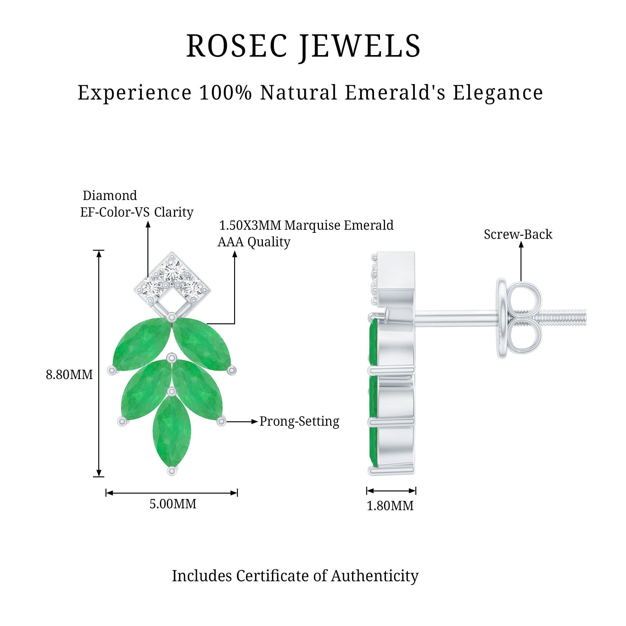 Real Emerald Leaf Stud Earrings with Moissanite