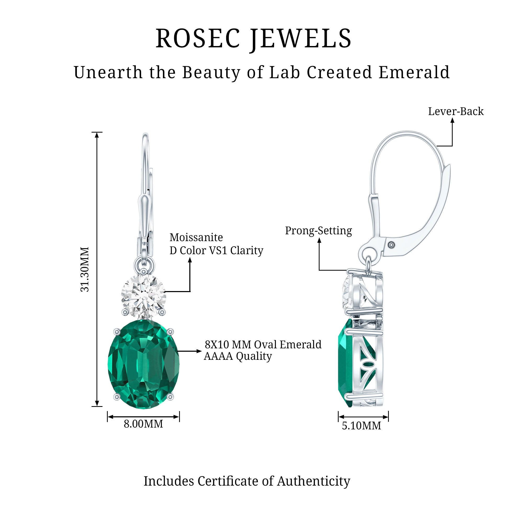 Lab Grown Emerald Oval Drop Earrings With Moissanite