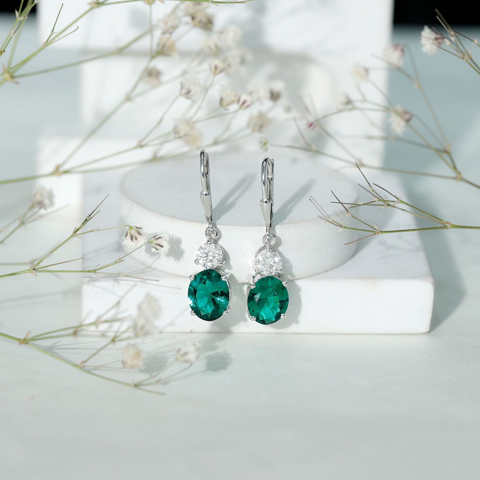 Certified 6 Carat Oval Cut Lab Grown Emerald Drop Hoop Earrings