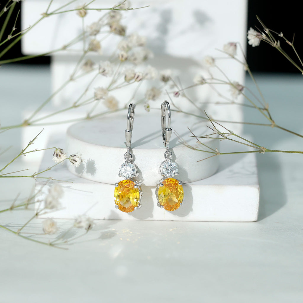 8 Carat Lab Grown Yellow Sapphire Drop Earrings with Leverback