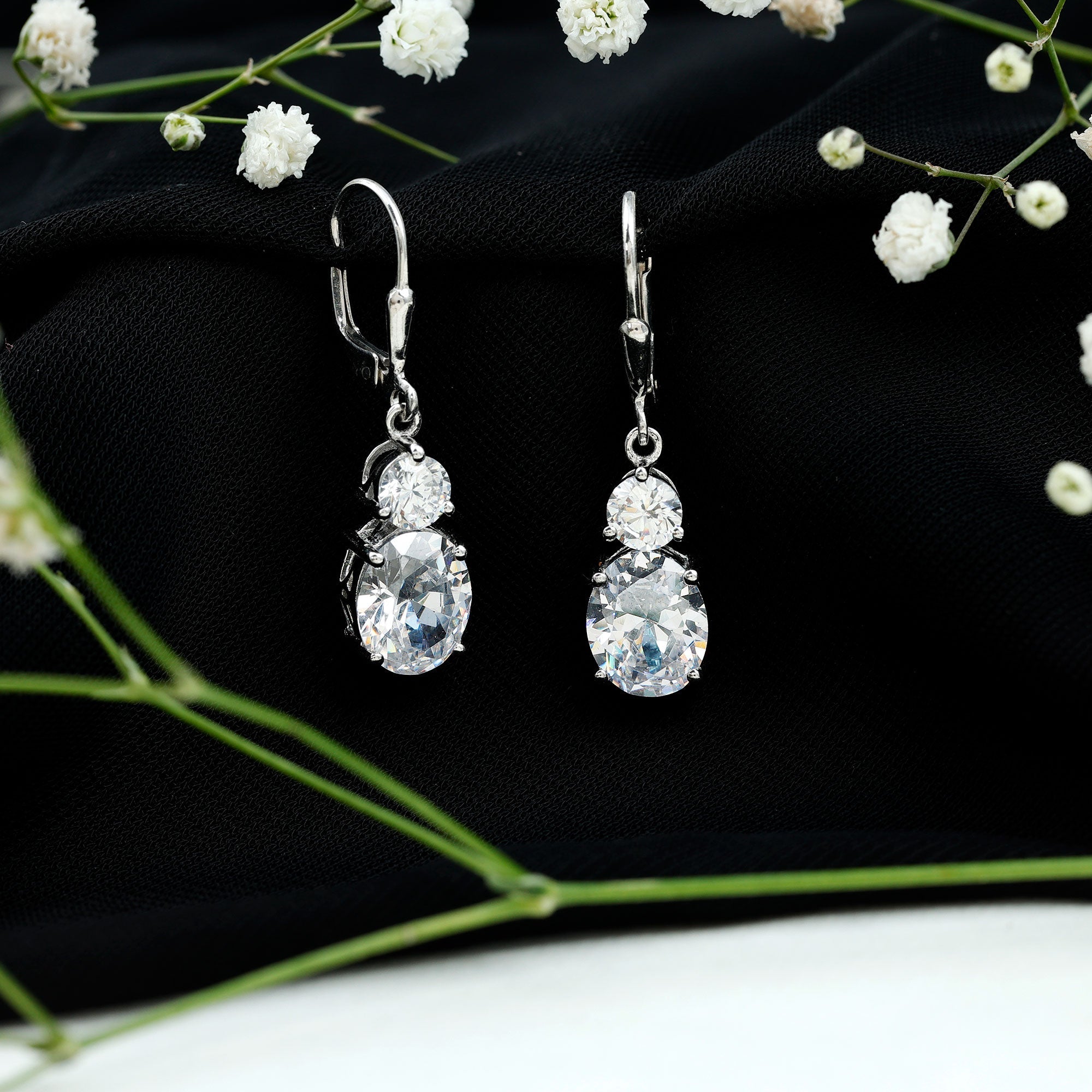 Minimal Zircon 2 Stone Drop Earrings with Lever Back