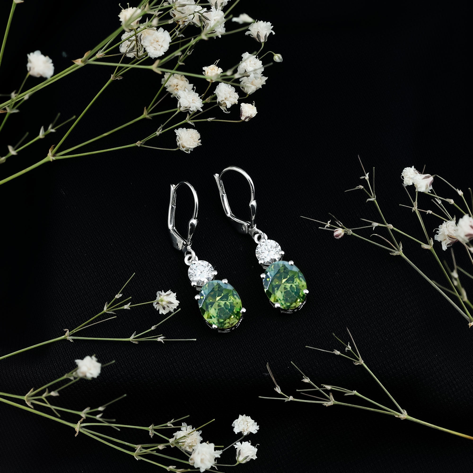 8 Carat Lab Grown Green Sapphire Drop Hoop Earrings with Certificate