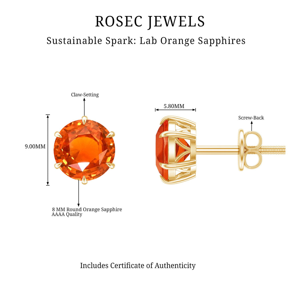 6 Claw Set Round Created Orange Sapphire Solitaire Stud Earrings