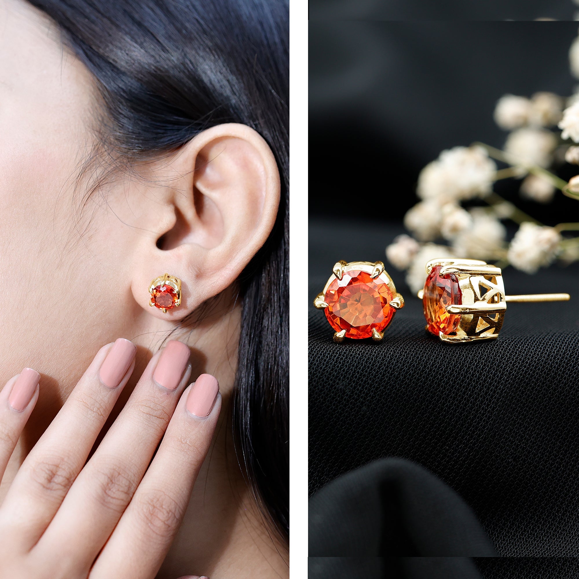 6 Claw Set Round Created Orange Sapphire Solitaire Stud Earrings