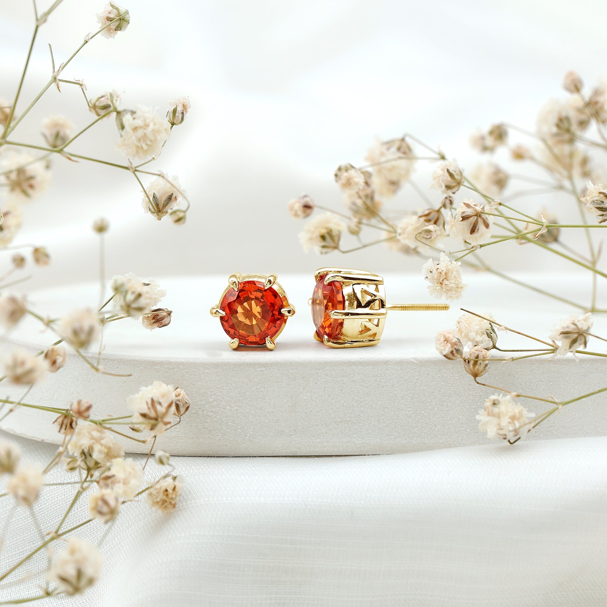 6 Claw Set Round Created Orange Sapphire Solitaire Stud Earrings
