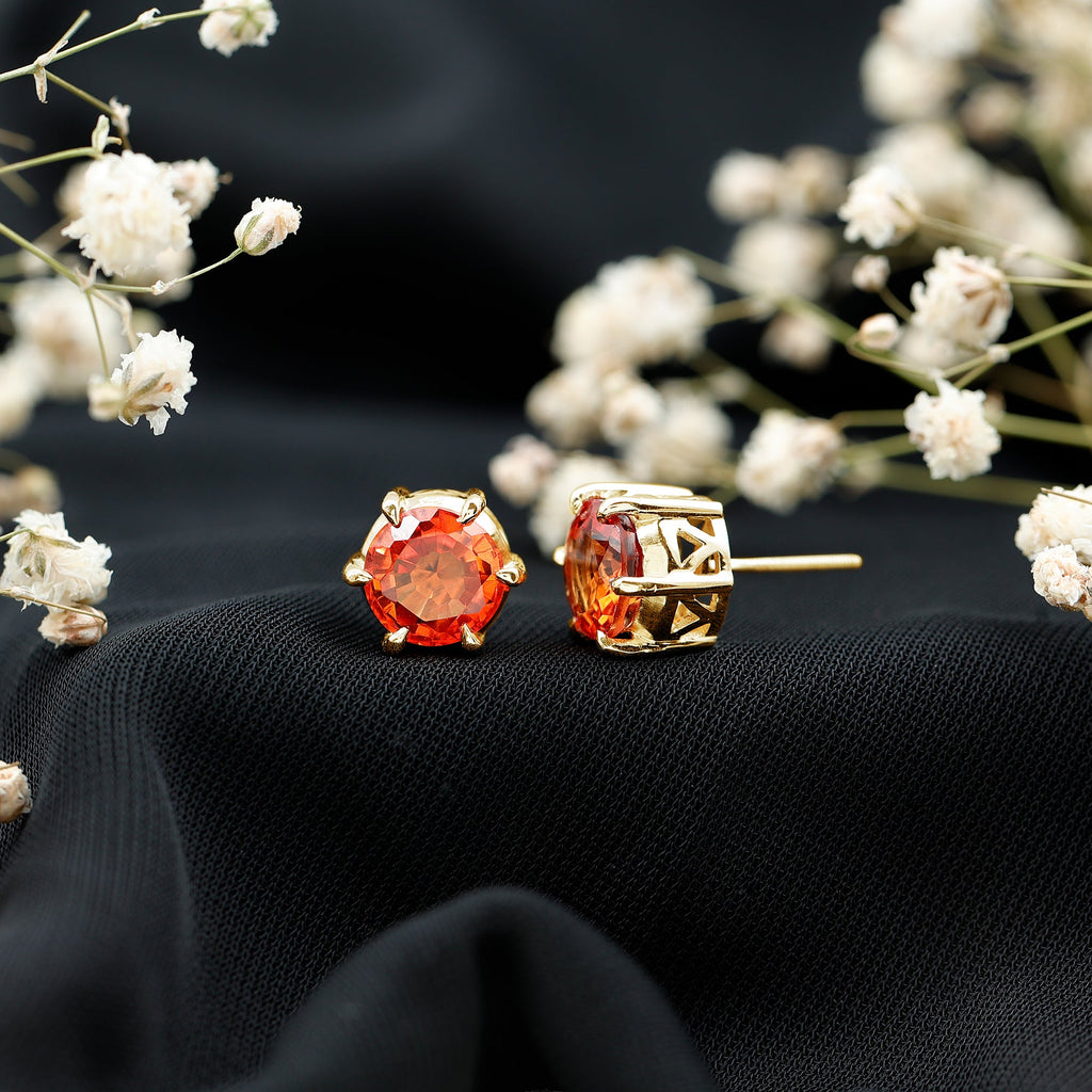 6 Claw Set Round Created Orange Sapphire Solitaire Stud Earrings