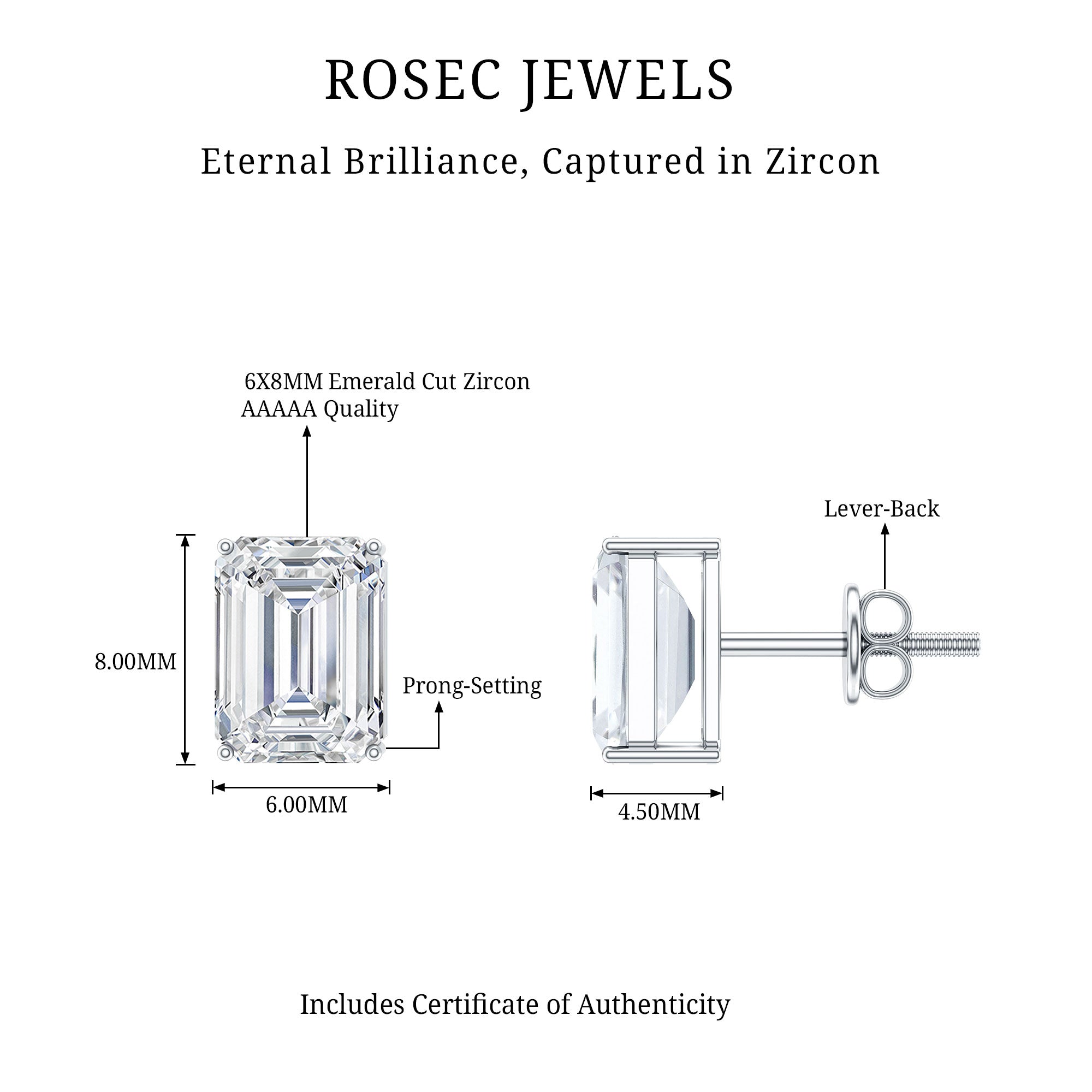 Certified 3.7 Carat Cubic Zirconia Emerald Cut Stud Earrings with Screw Back