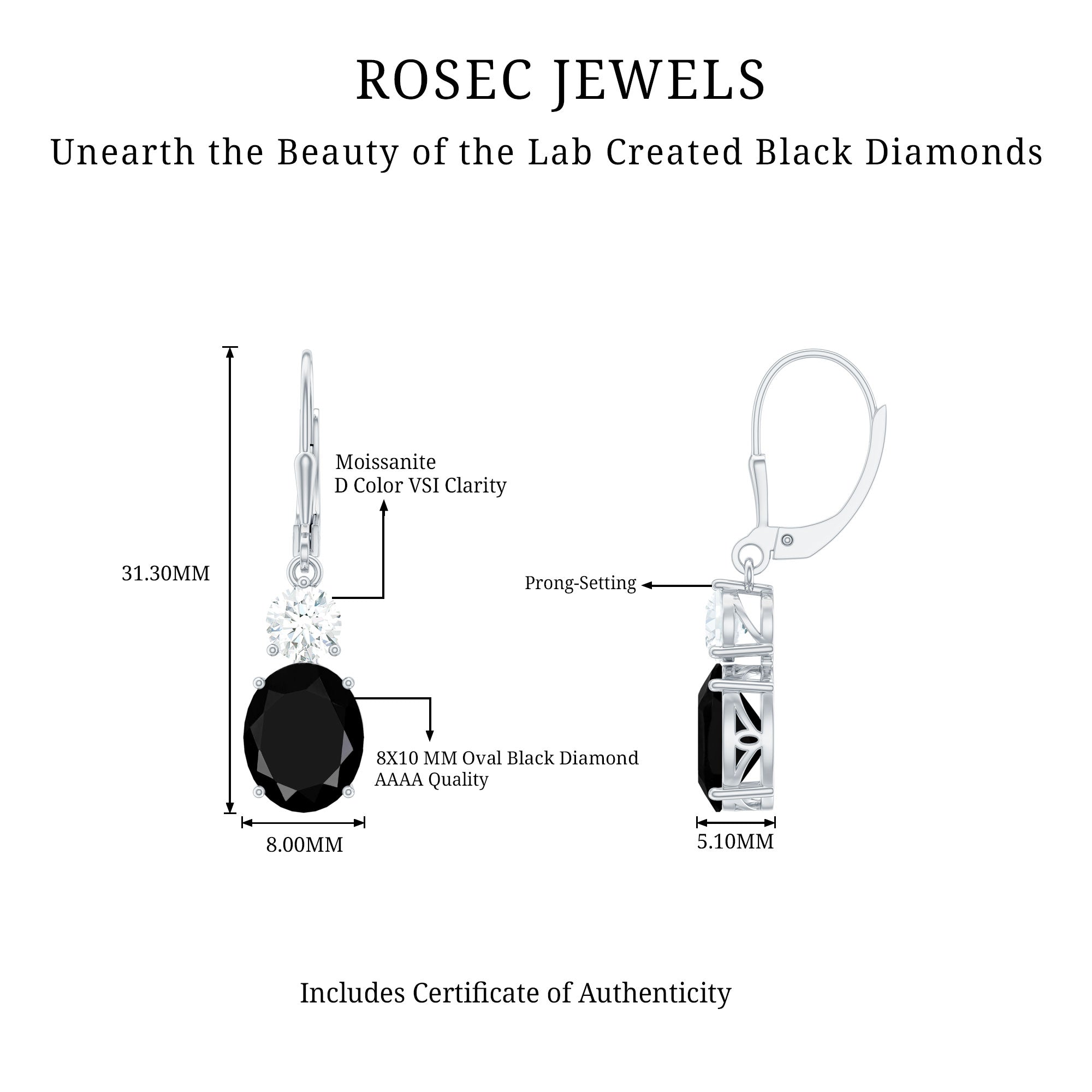 Oval Shaped Lab Created Black Diamond Drop Earrings with Moissanite