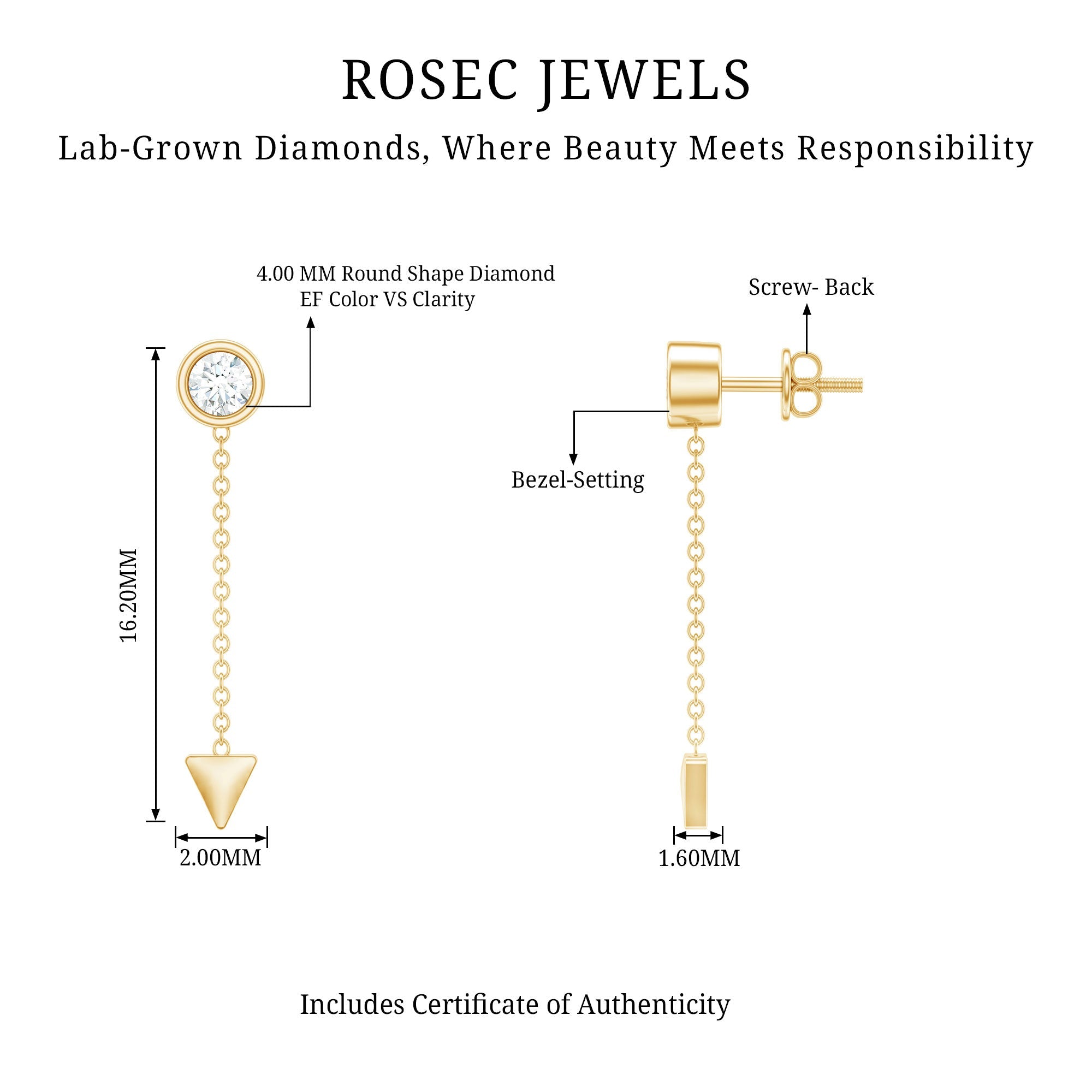 Certified Bezel Set Lab Grown Diamond Long Chain Earrings