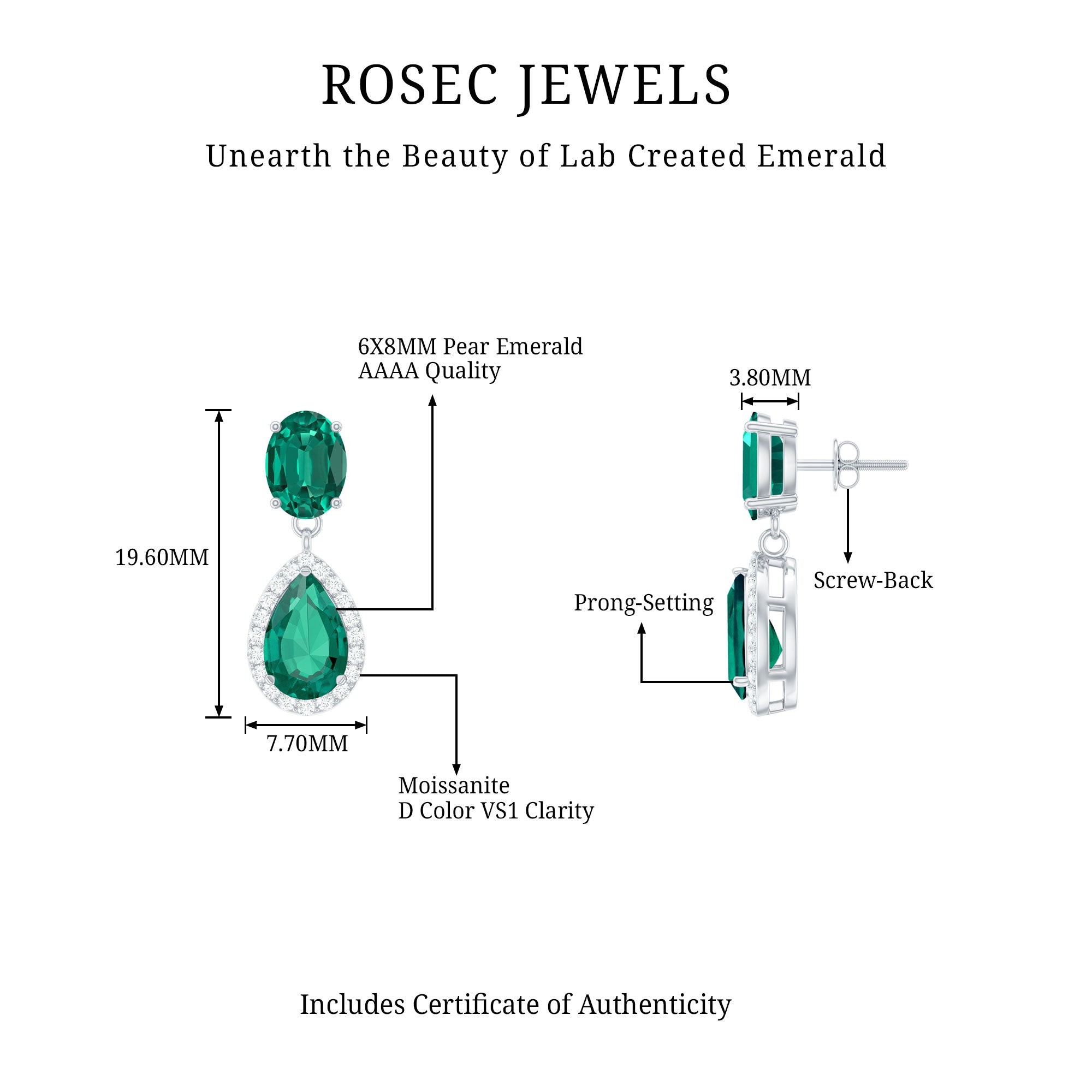 Lab Created Emerald Classic Dangle Earrings with Moissanite
