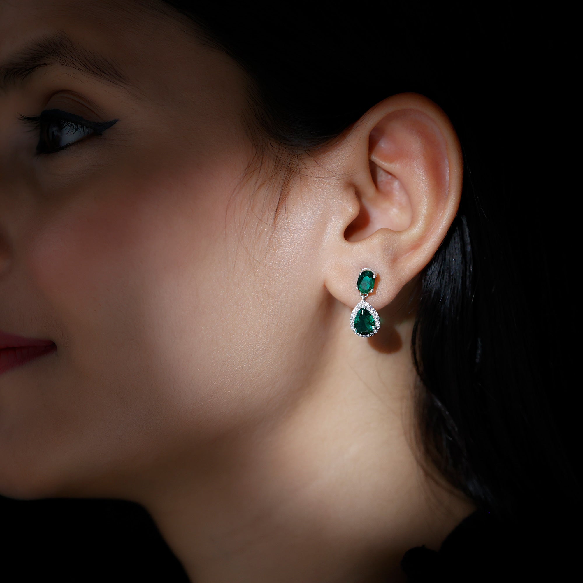 Certified 3 Carat Lab Grown Emerald Bridal Drop Earrings in Silver