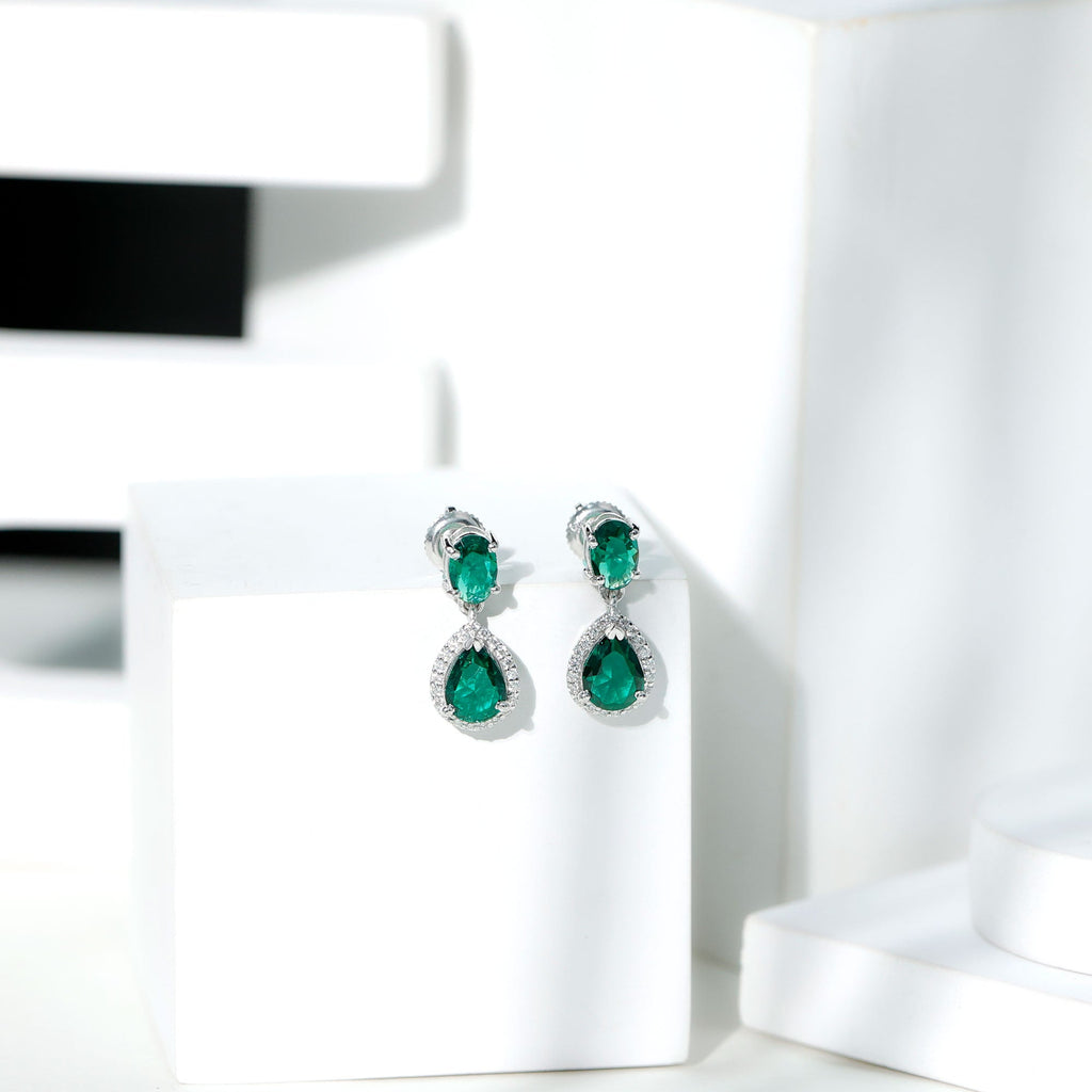 Certified 3 Carat Lab Grown Emerald Bridal Drop Earrings in Silver