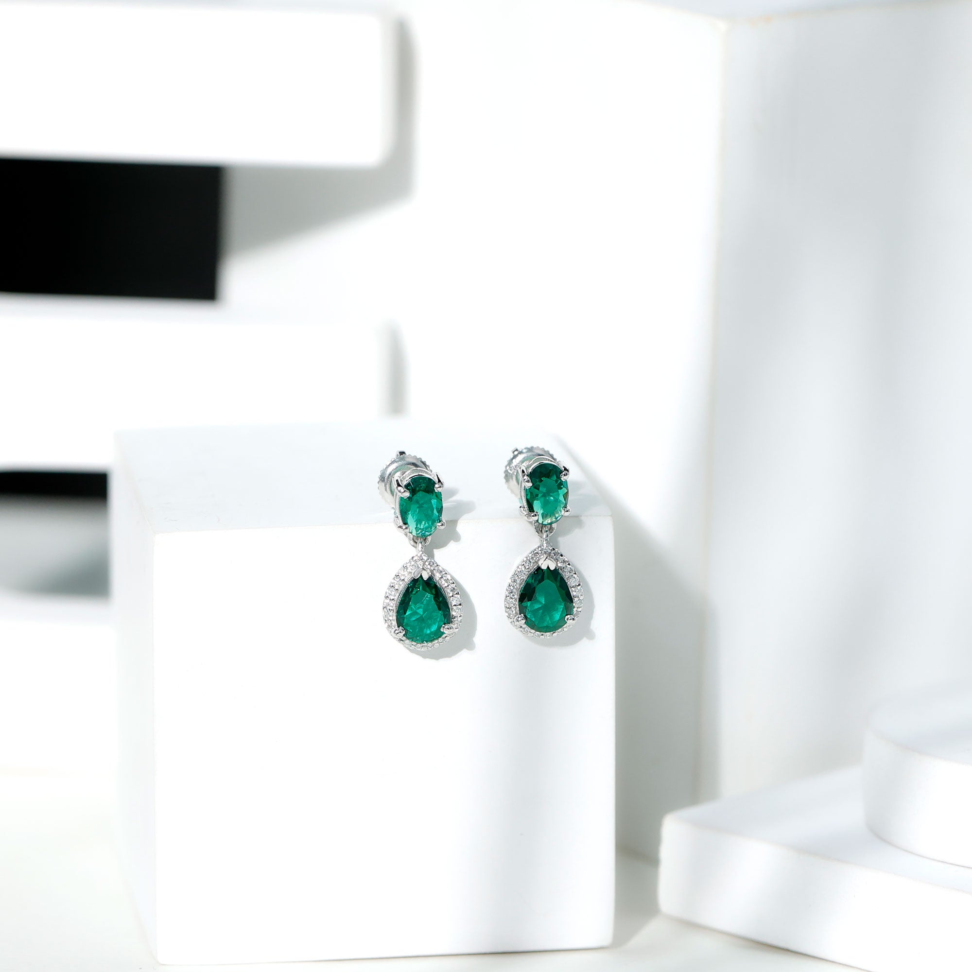 Certified 3 Carat Lab Grown Emerald Bridal Drop Earrings in Silver