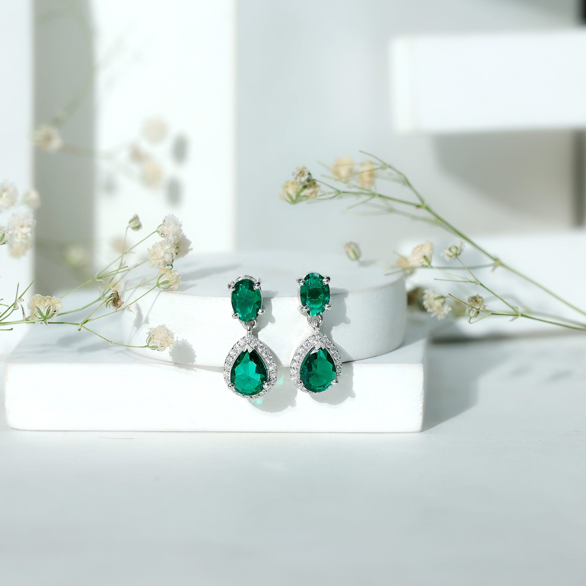 Certified 3 Carat Lab Grown Emerald Bridal Drop Earrings in Silver