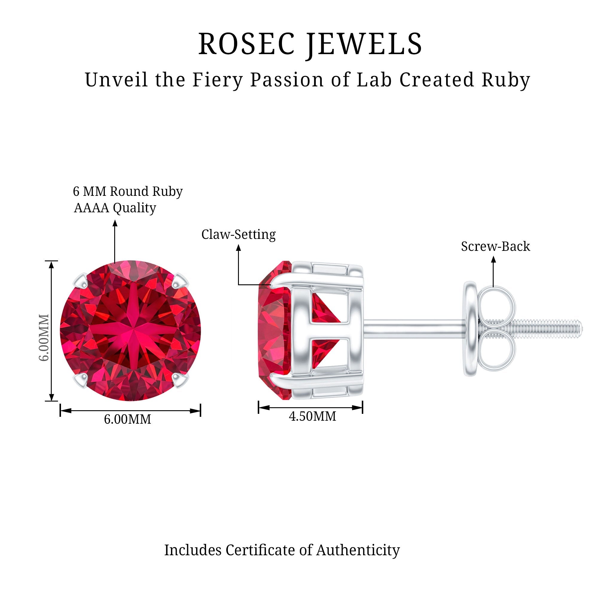 6 MM Round Cut Solitaire Lab Created Ruby Silver Stud Earring for women