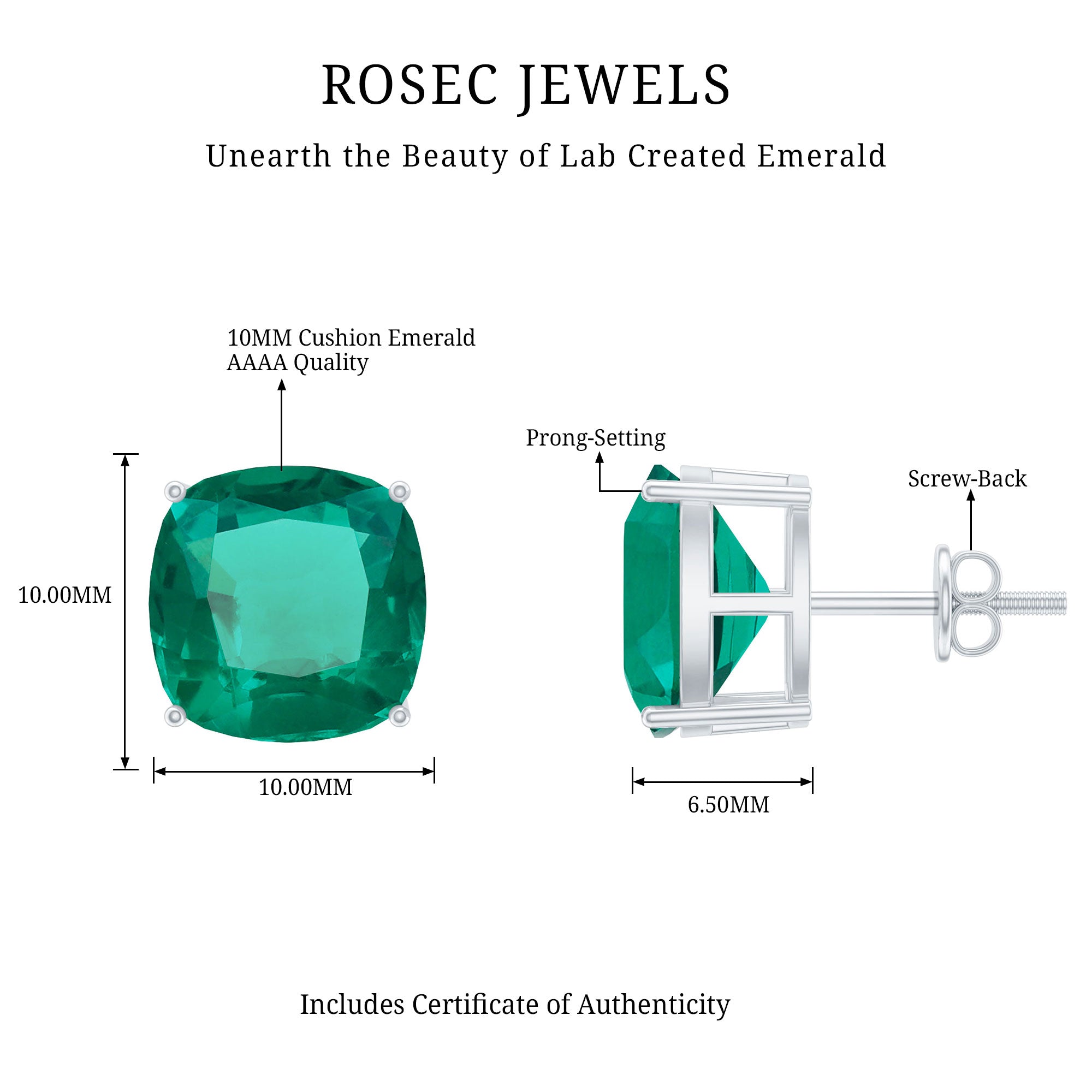 8.5 Carat Cushion Cut Created Emerald Solitaire Stud Earrings