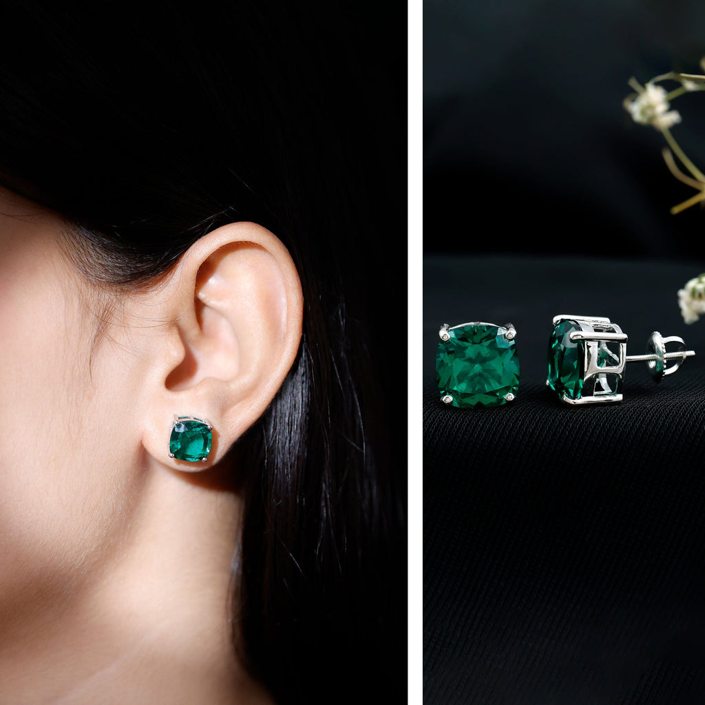 8.5 Carat Cushion Cut Created Emerald Solitaire Stud Earrings
