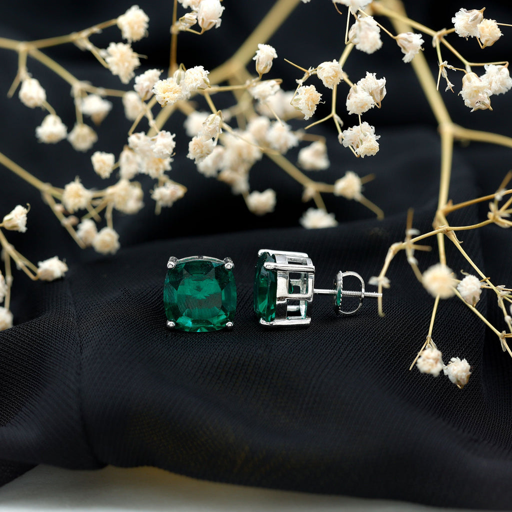 8.5 Carat Cushion Cut Created Emerald Solitaire Stud Earrings
