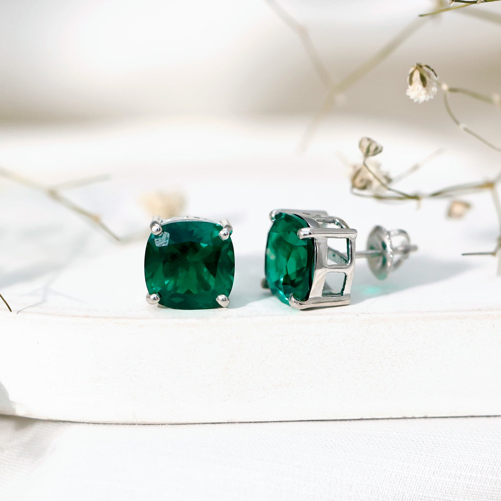 8.5 Carat Cushion Cut Created Emerald Solitaire Stud Earrings