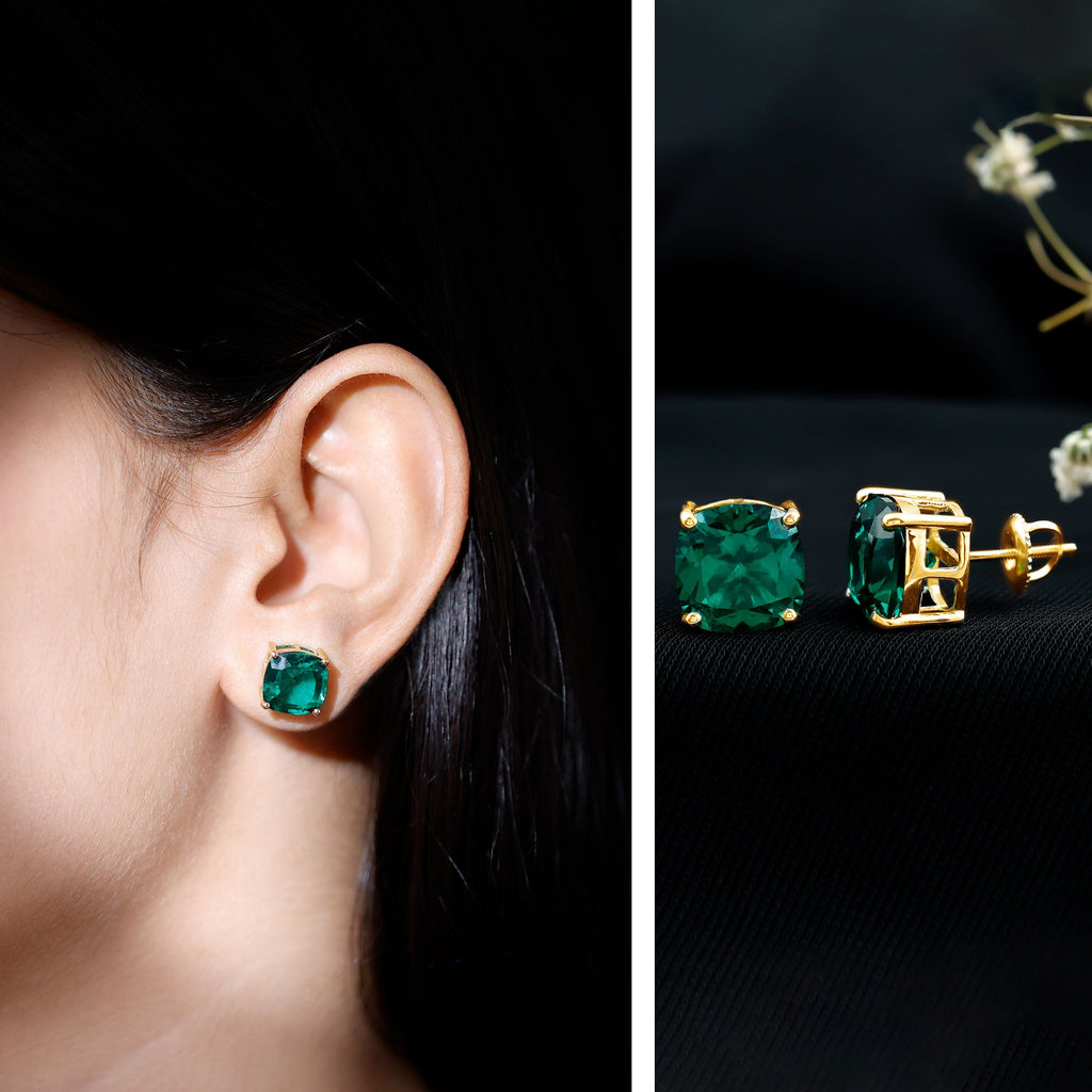 8.5 Carat Cushion Cut Created Emerald Solitaire Stud Earrings