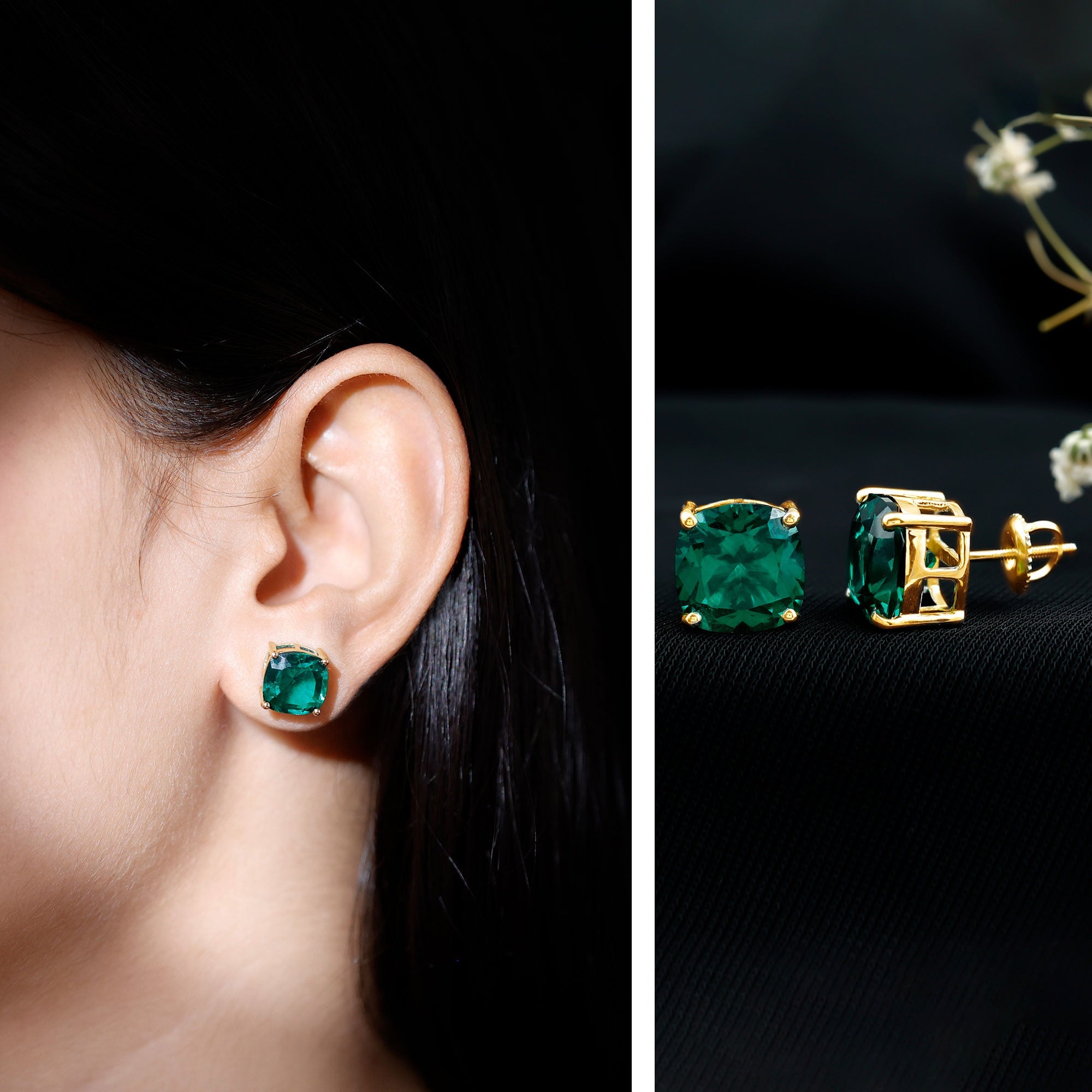 8.5 Carat Cushion Cut Created Emerald Solitaire Stud Earrings