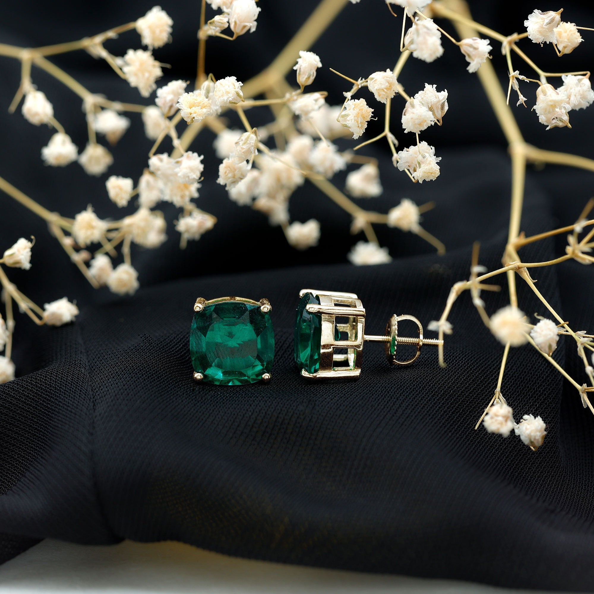 8.5 Carat Cushion Cut Created Emerald Solitaire Stud Earrings
