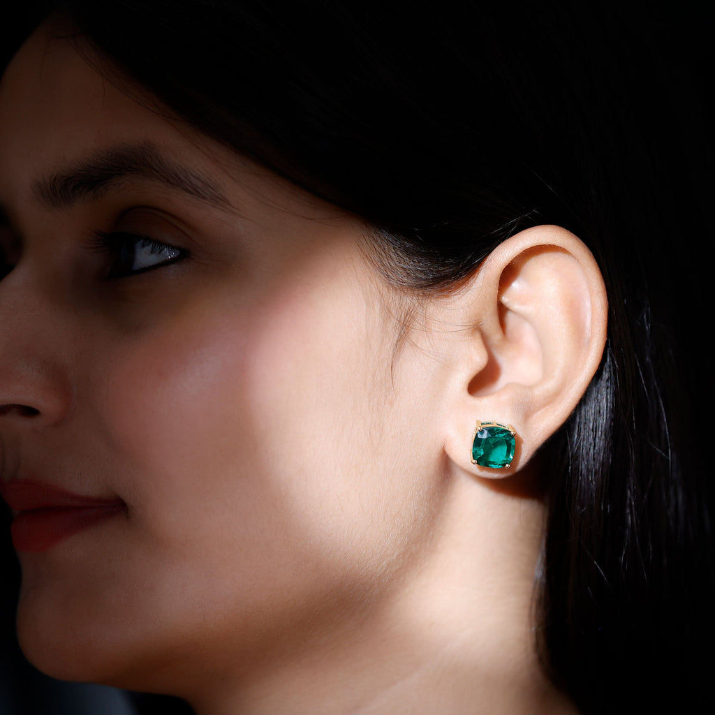 8.5 Carat Cushion Cut Created Emerald Solitaire Stud Earrings