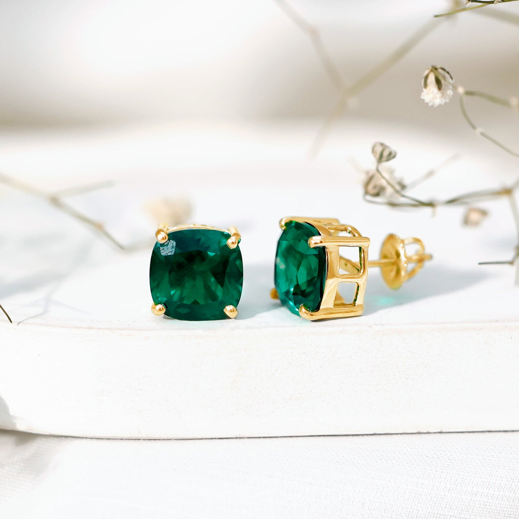 8.5 Carat Cushion Cut Created Emerald Solitaire Stud Earrings