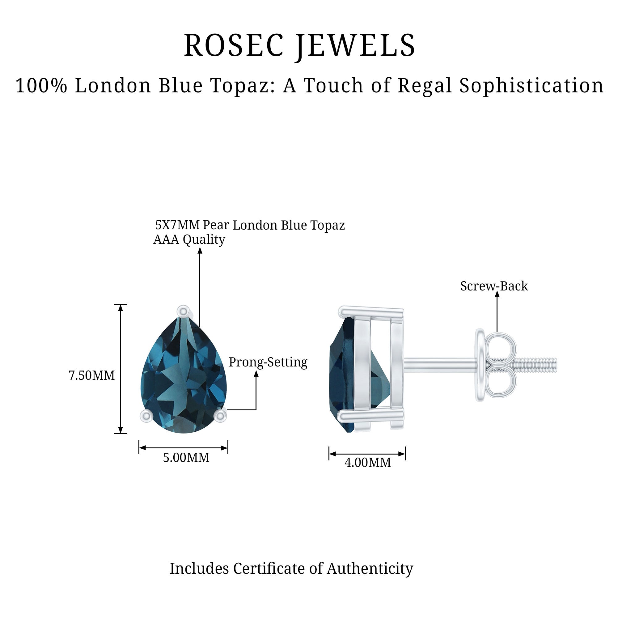 1.5 Carat Pear Shape London Blue Topaz Teardrop Stud Earrings