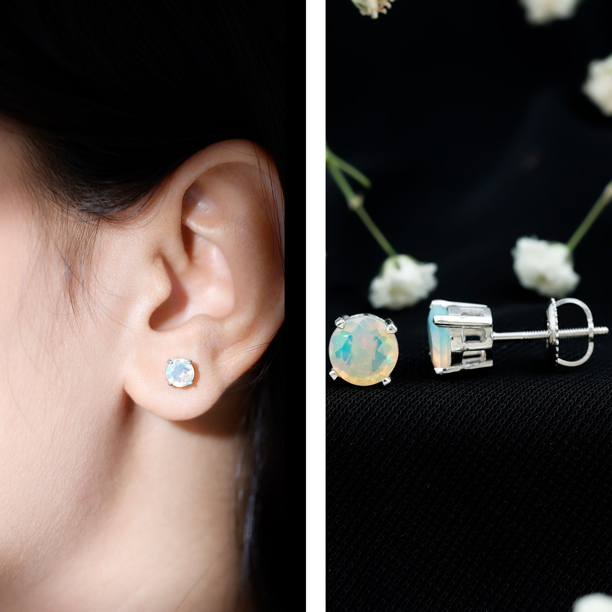 1.6 Carat Solitaire Ethiopian Opal Stud Earrings in Silver