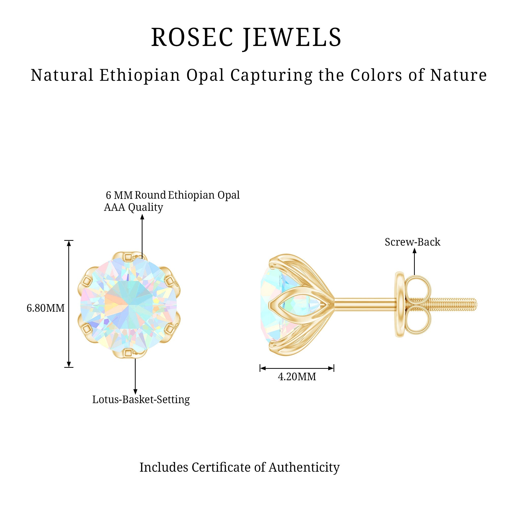 Natural 6mm Opalescent Earrings with Screw Back