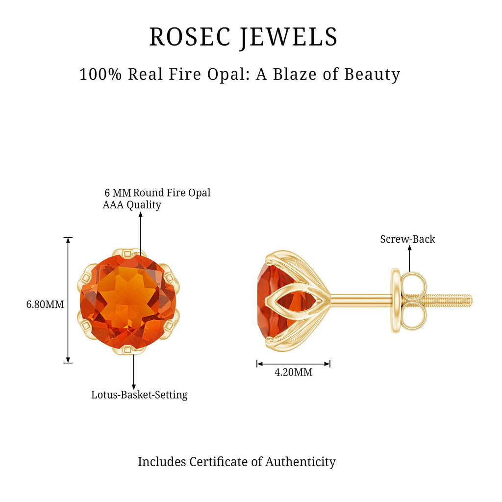 Certified Natural Fire Opal Stud Earrings with Screw Back