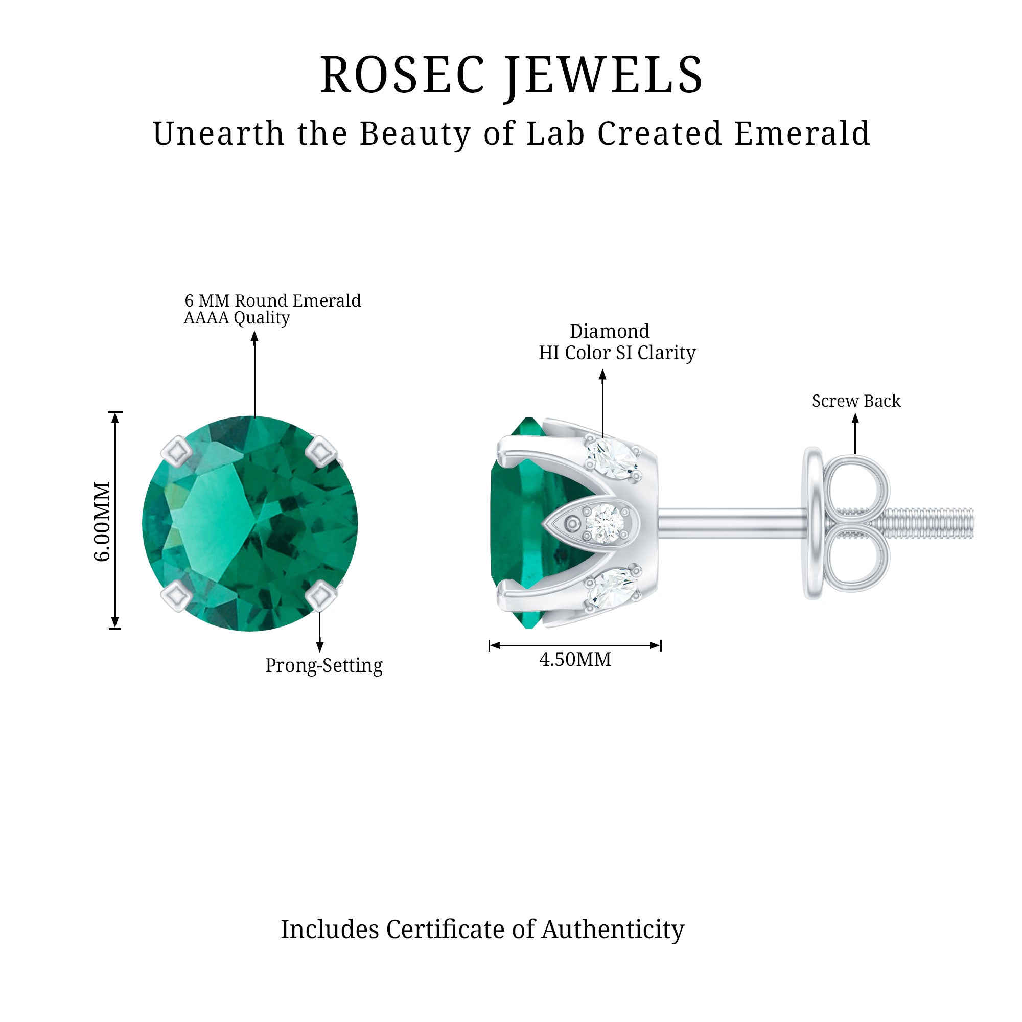 Round Lab Created Emerald Solitaire Stud Earrings with Diamonds