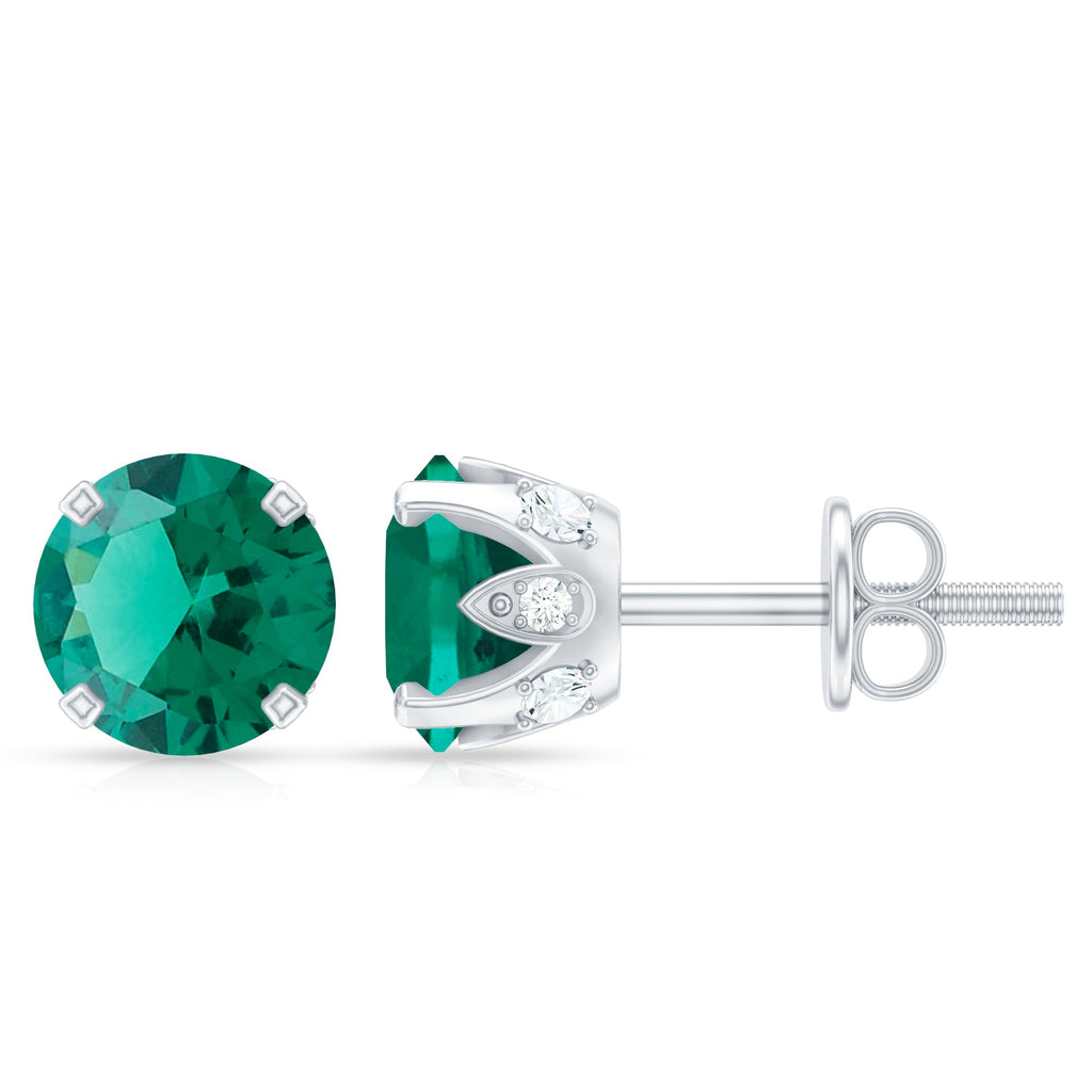 Round Lab Created Emerald Solitaire Stud Earrings with Diamonds